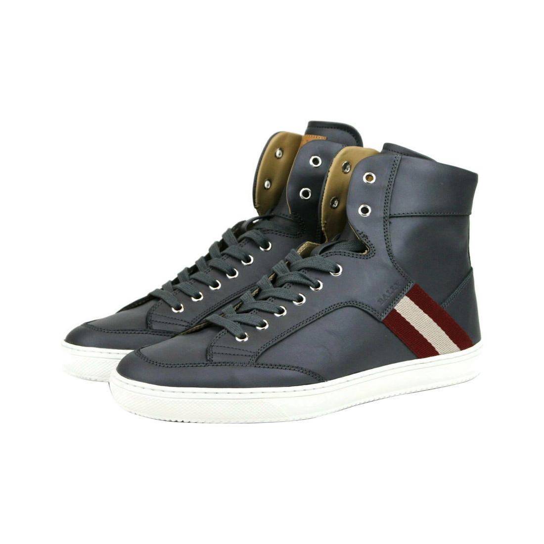 Dark Grey Calf Leather Hi Top Sneaker With Red Beige