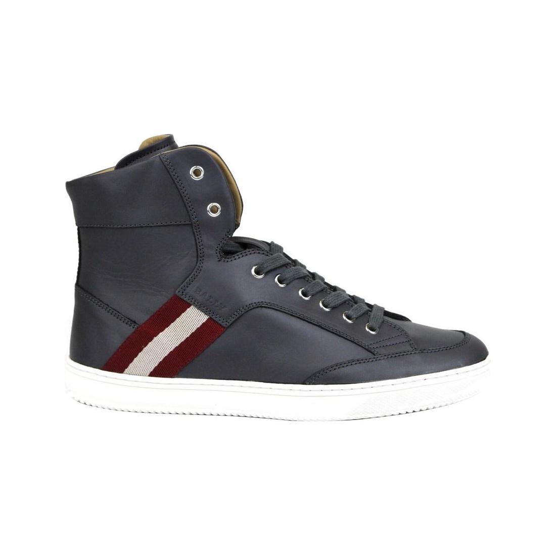 Dark Grey Calf Leather Hi Top Sneaker With Red Beige