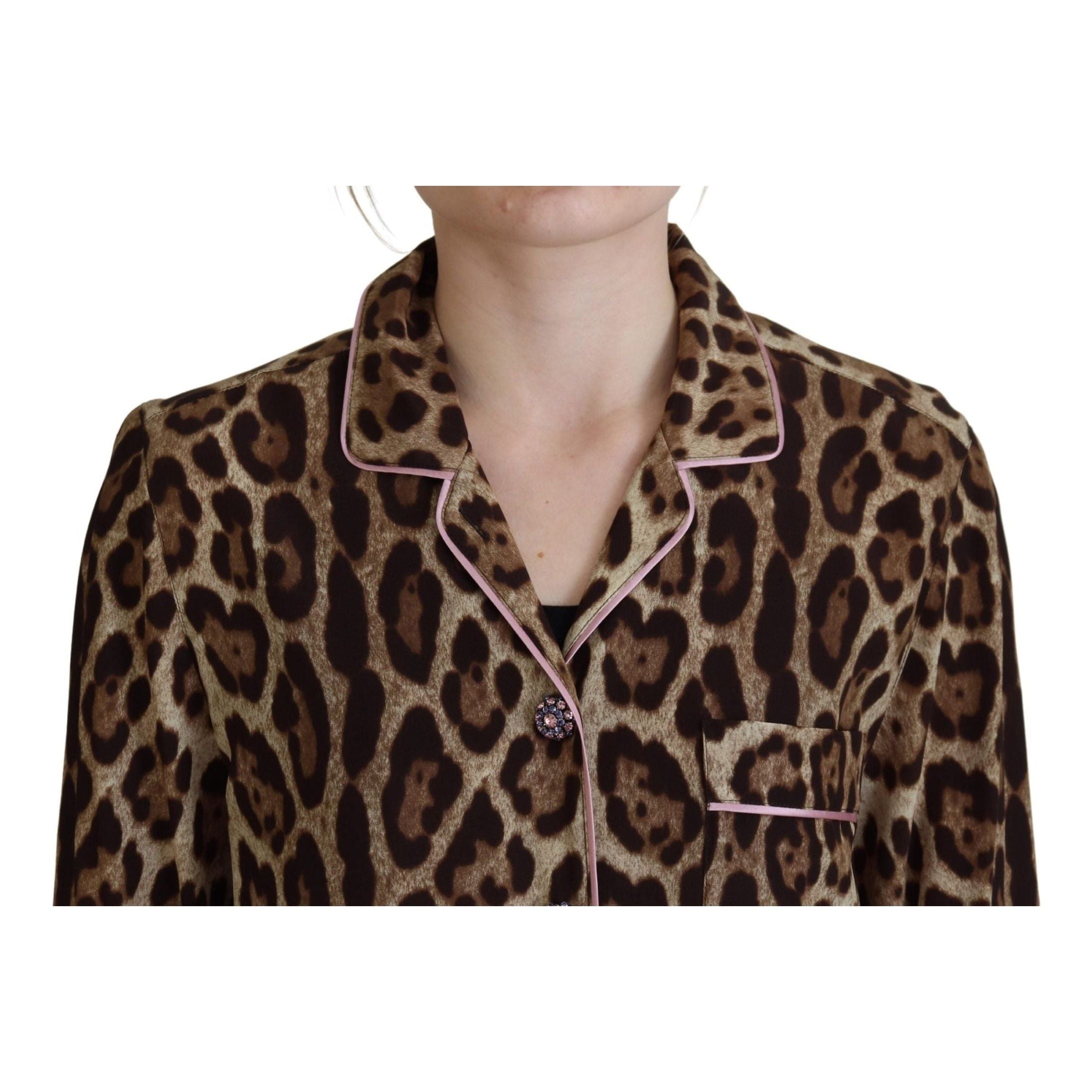 Elegant Silk Leopard Print Collared Top