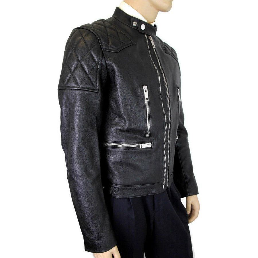 Burberry Men's Black Leather Diamond Quilted Biker Jacket