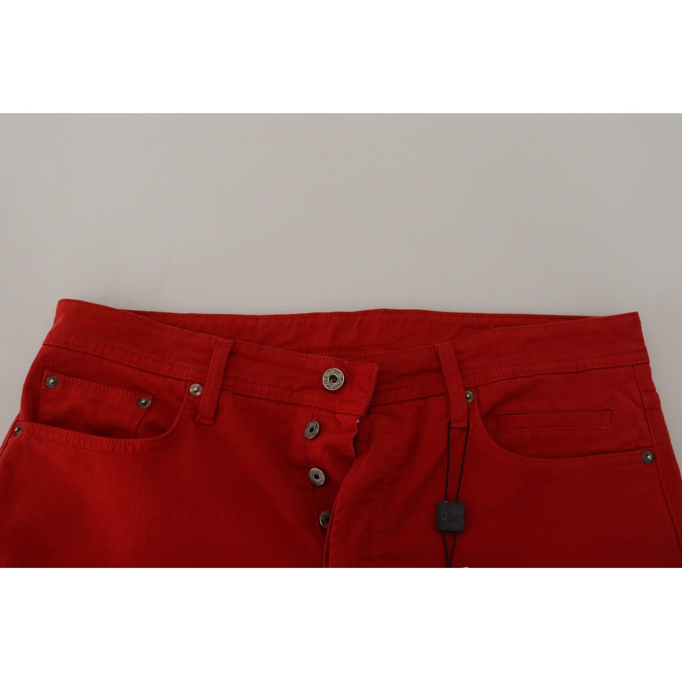 Chic Red Cotton Denim Pants