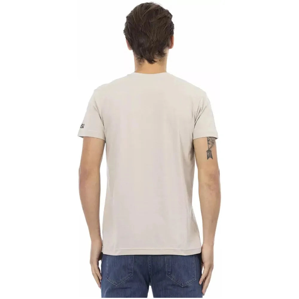 Beige Cotton Men V-Neck T-Shirt