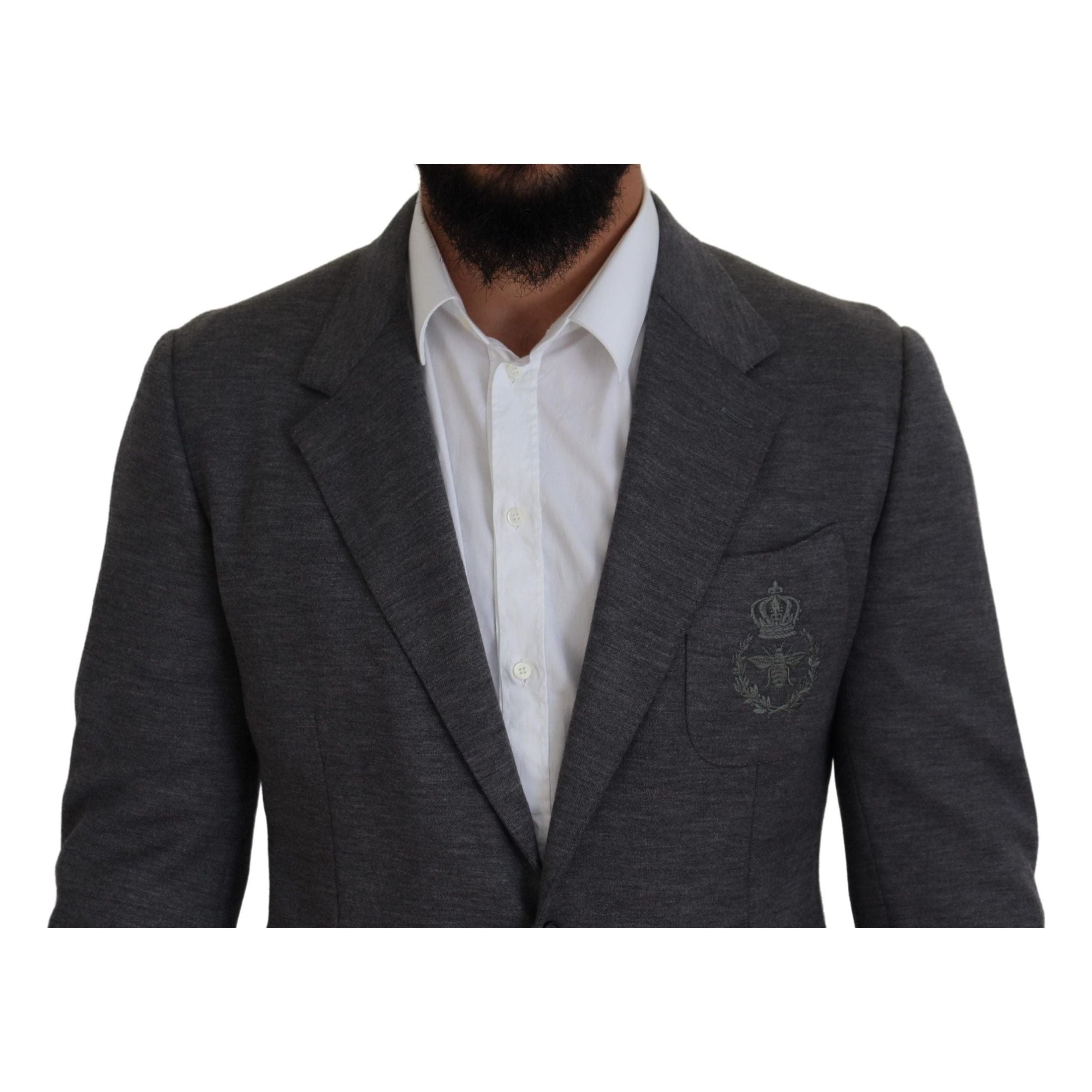 Elegant Gray Wool Blazer with Bee Crown Embroidery