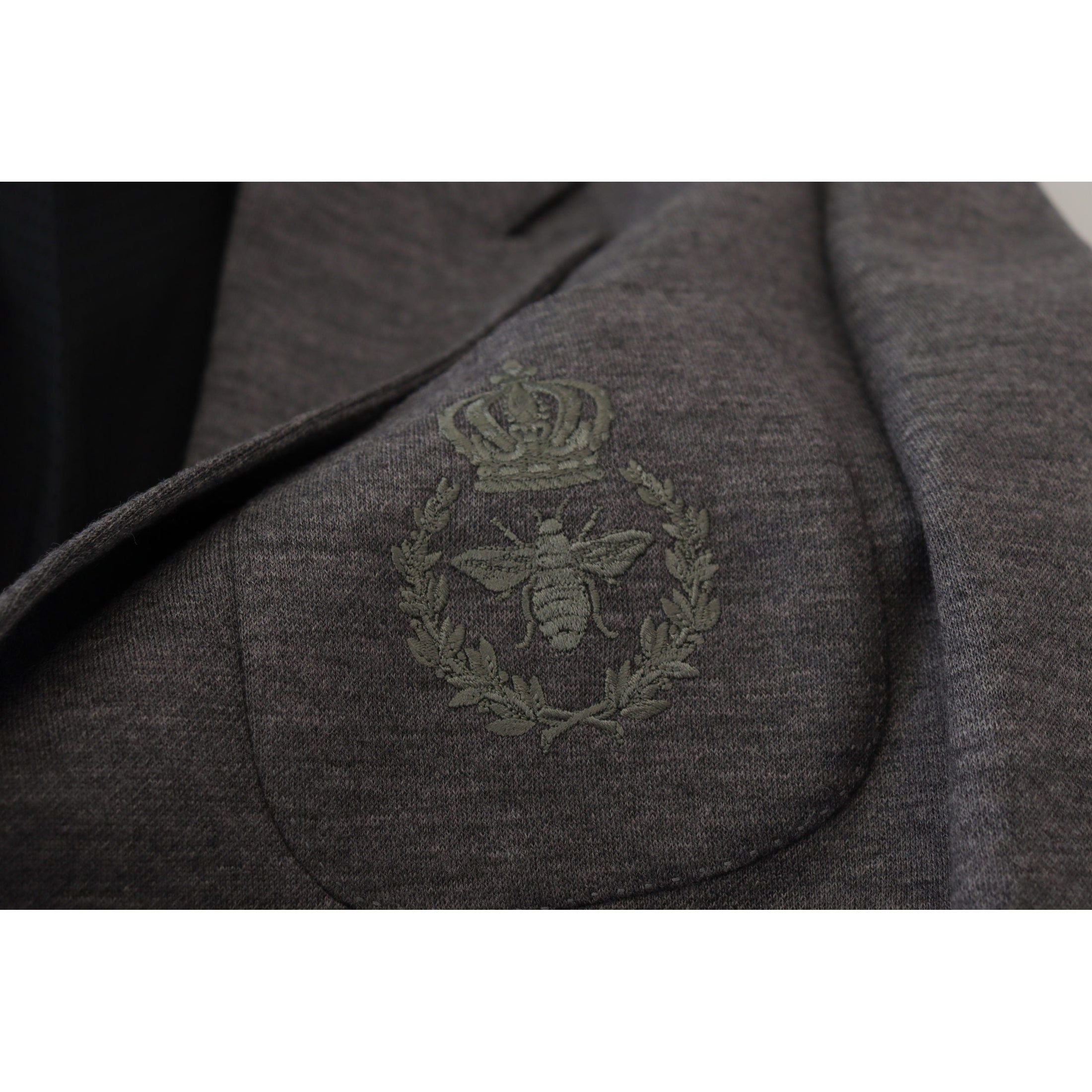 Elegant Gray Wool Blazer with Bee Crown Embroidery