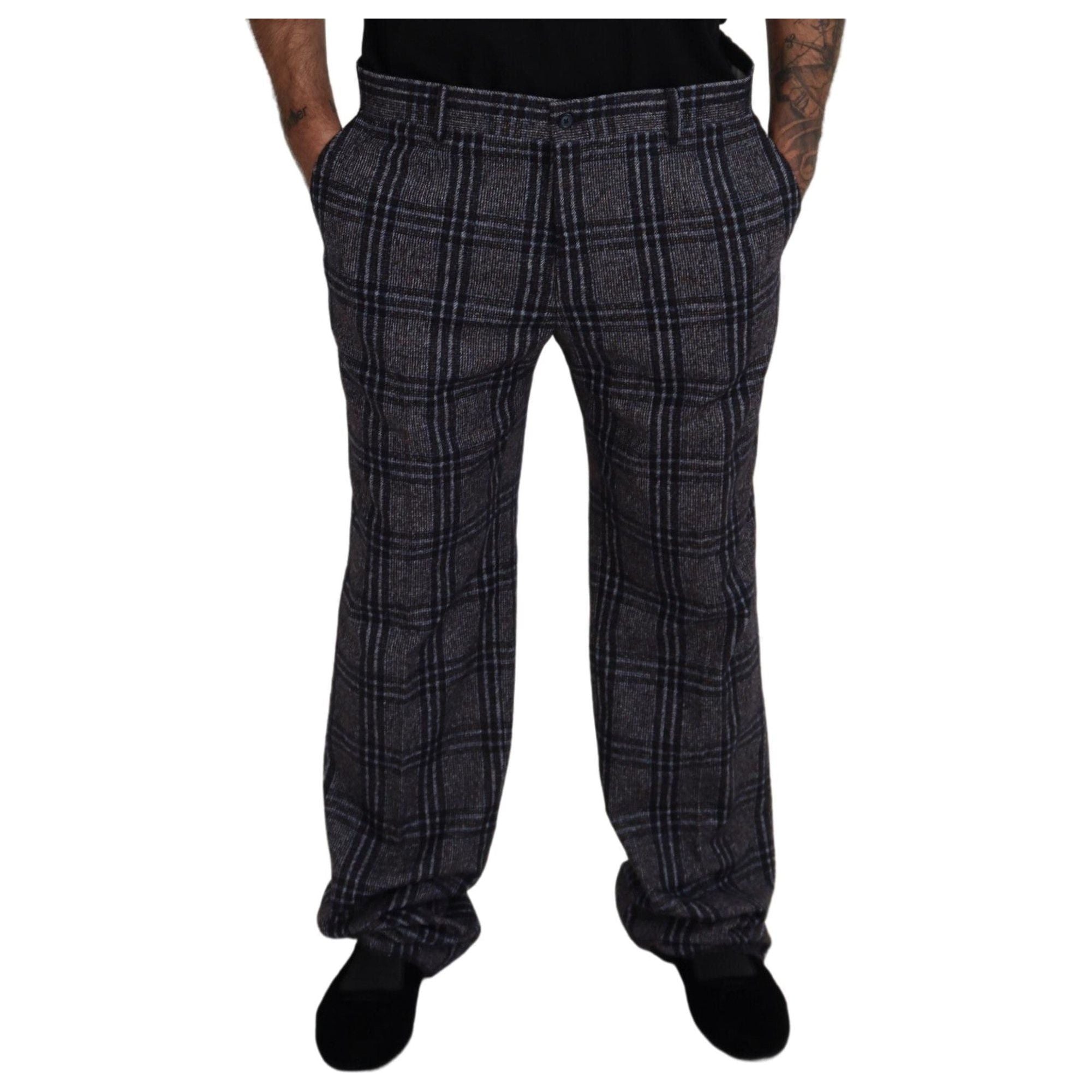 Elegant Gray Checkered Alpaca Blend Pants