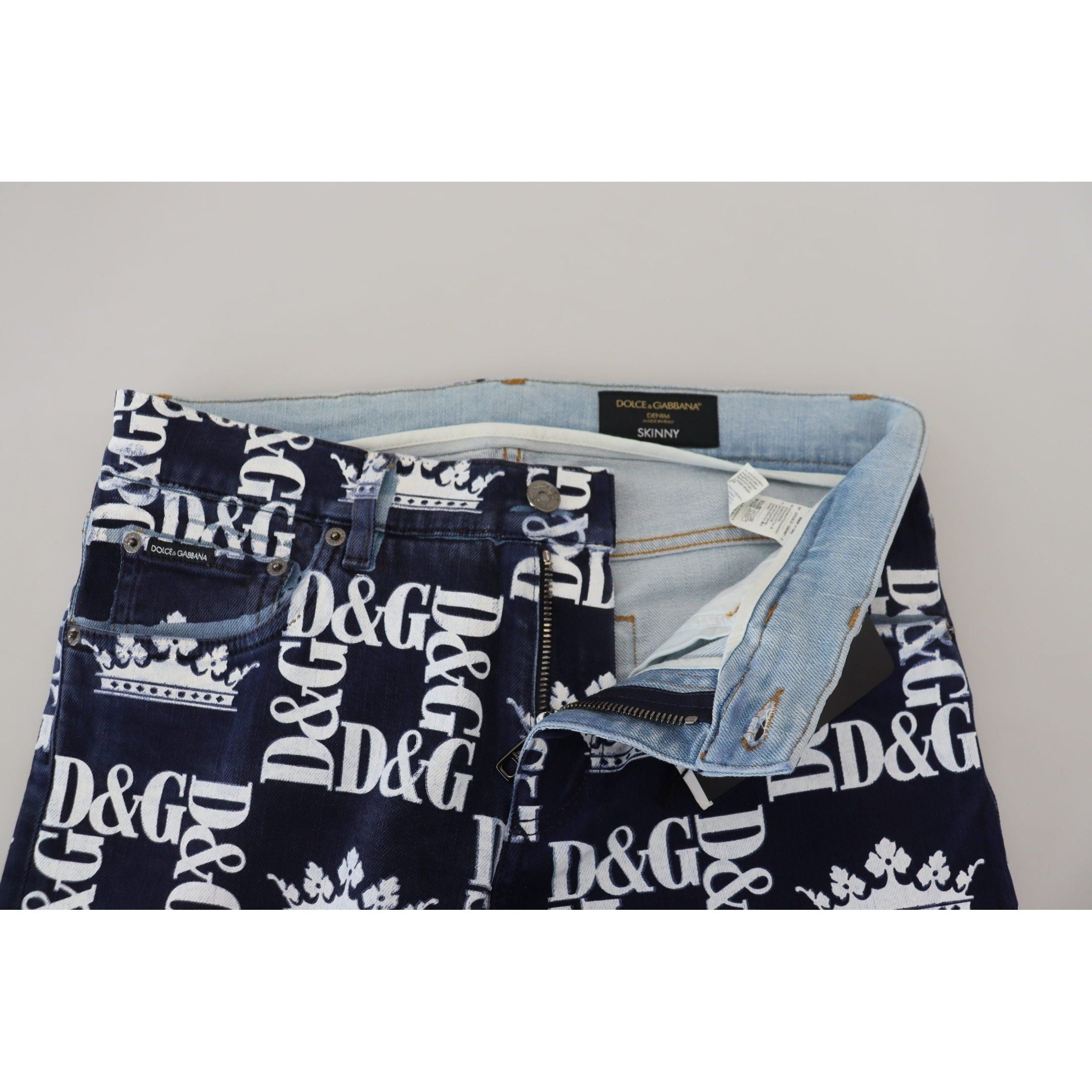 Elegant Crown Print Denim Pants