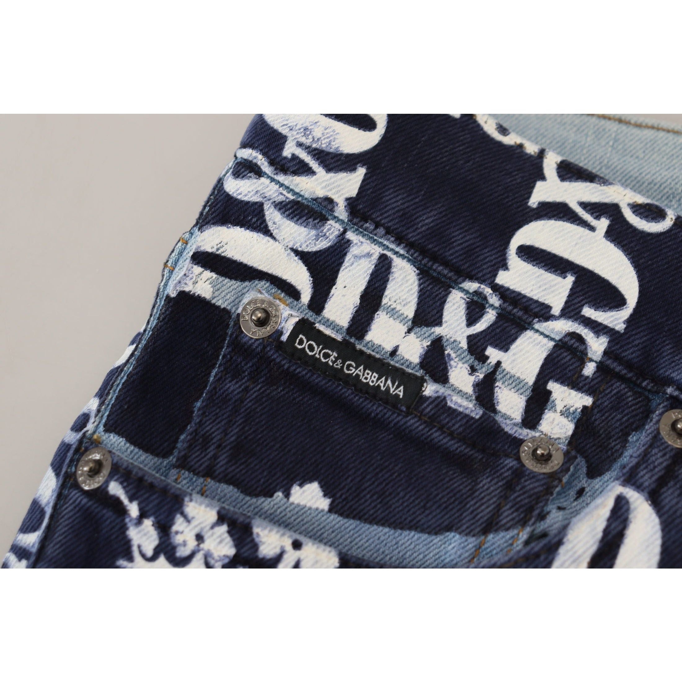 Elegant Crown Print Denim Pants