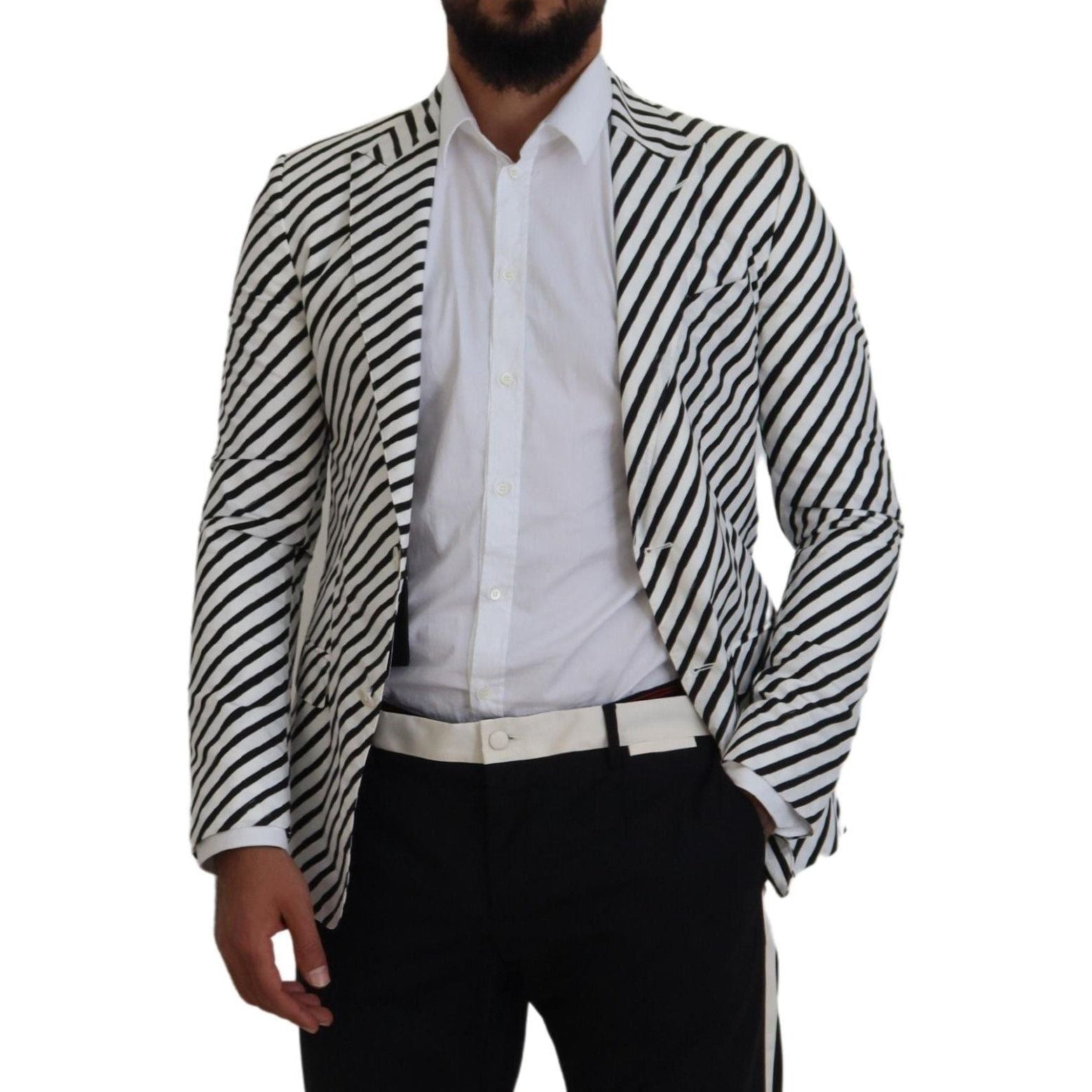 Elegant White Striped Single Breasted Blazer