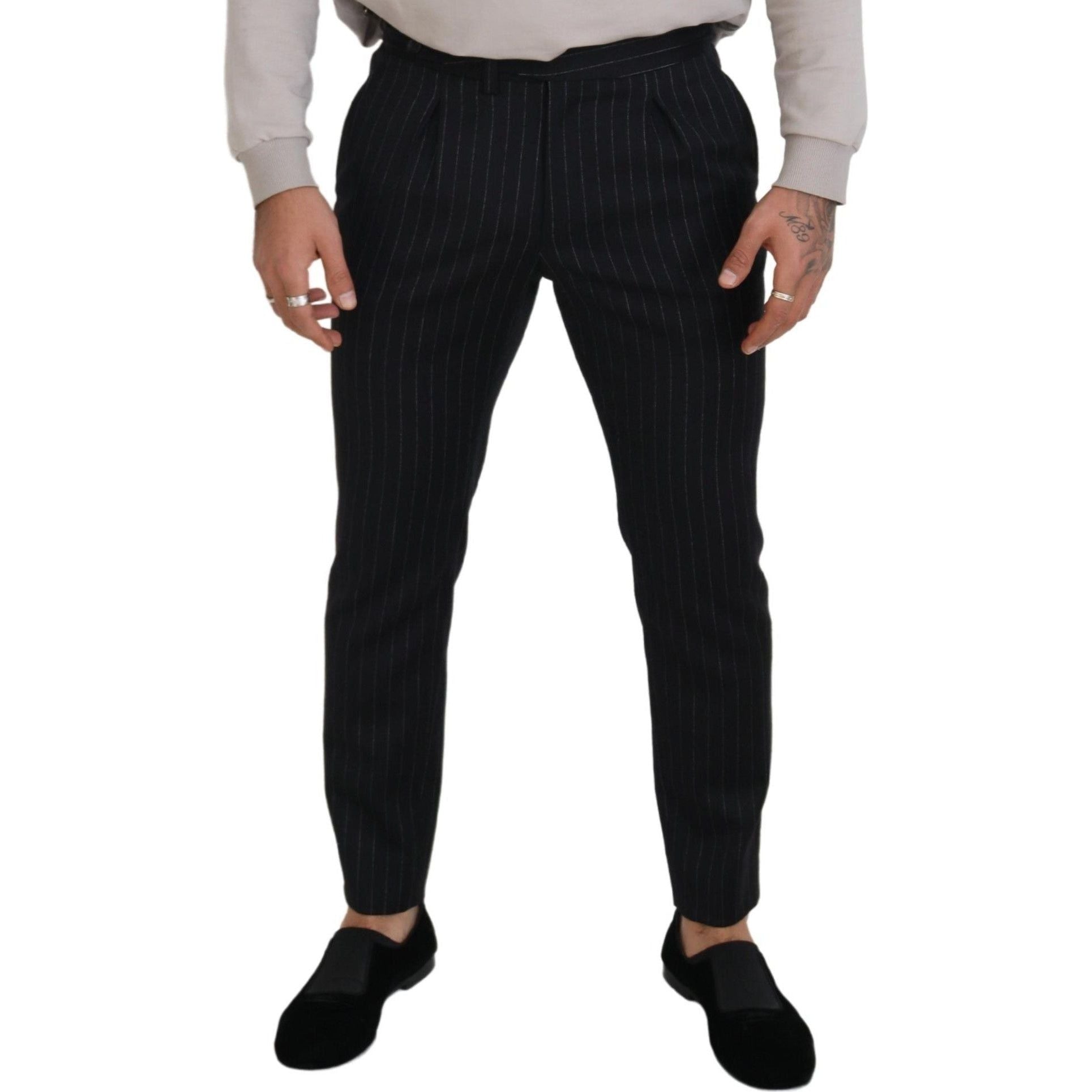 Elegant Black Striped Wool Blend Trousers