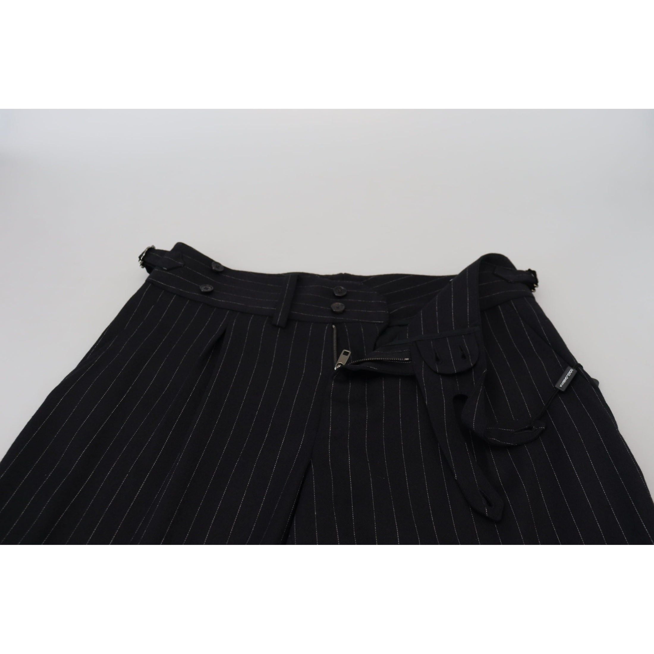 Elegant Black Striped Wool Blend Trousers