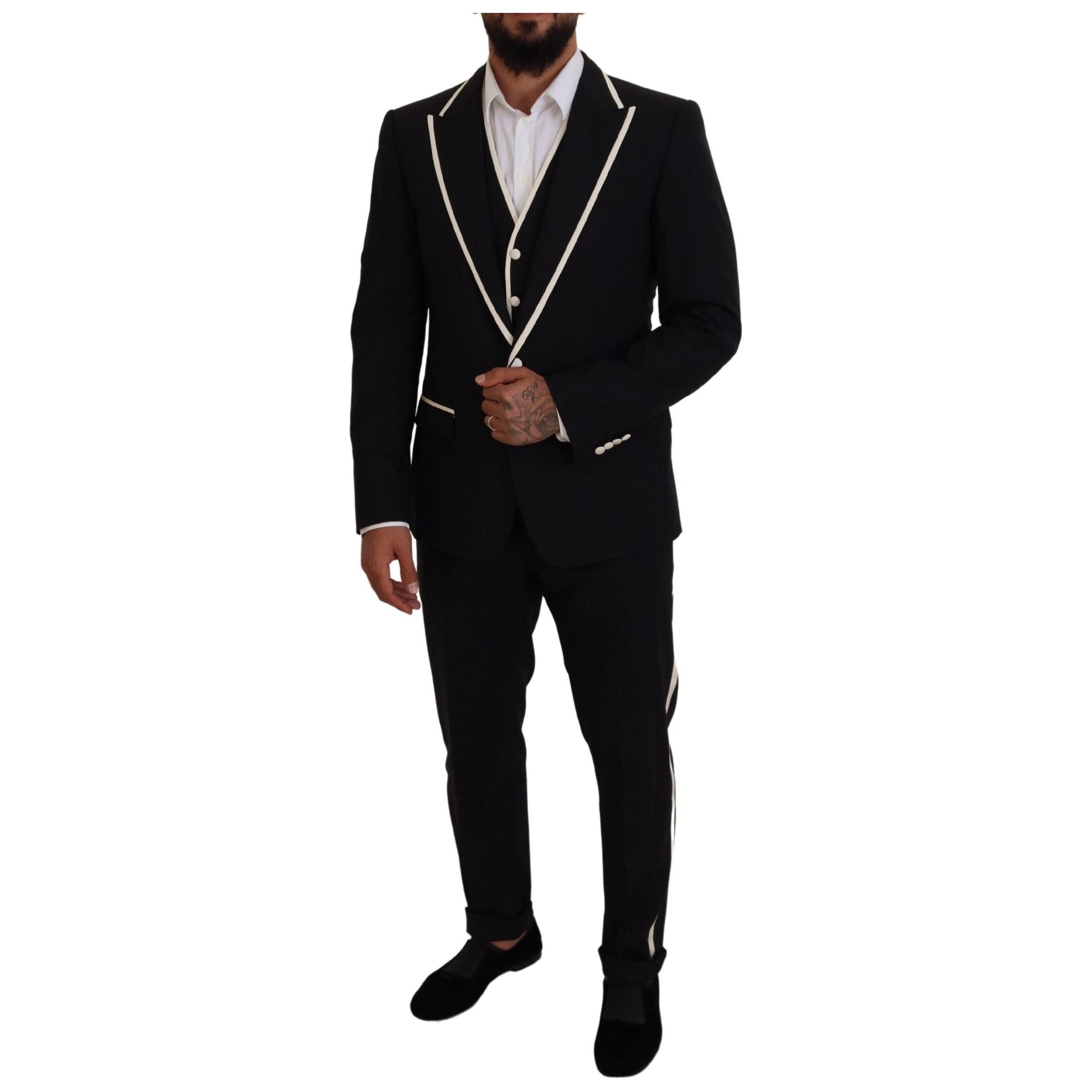 Elegant Black and White Slim Fit Three Piece Suit