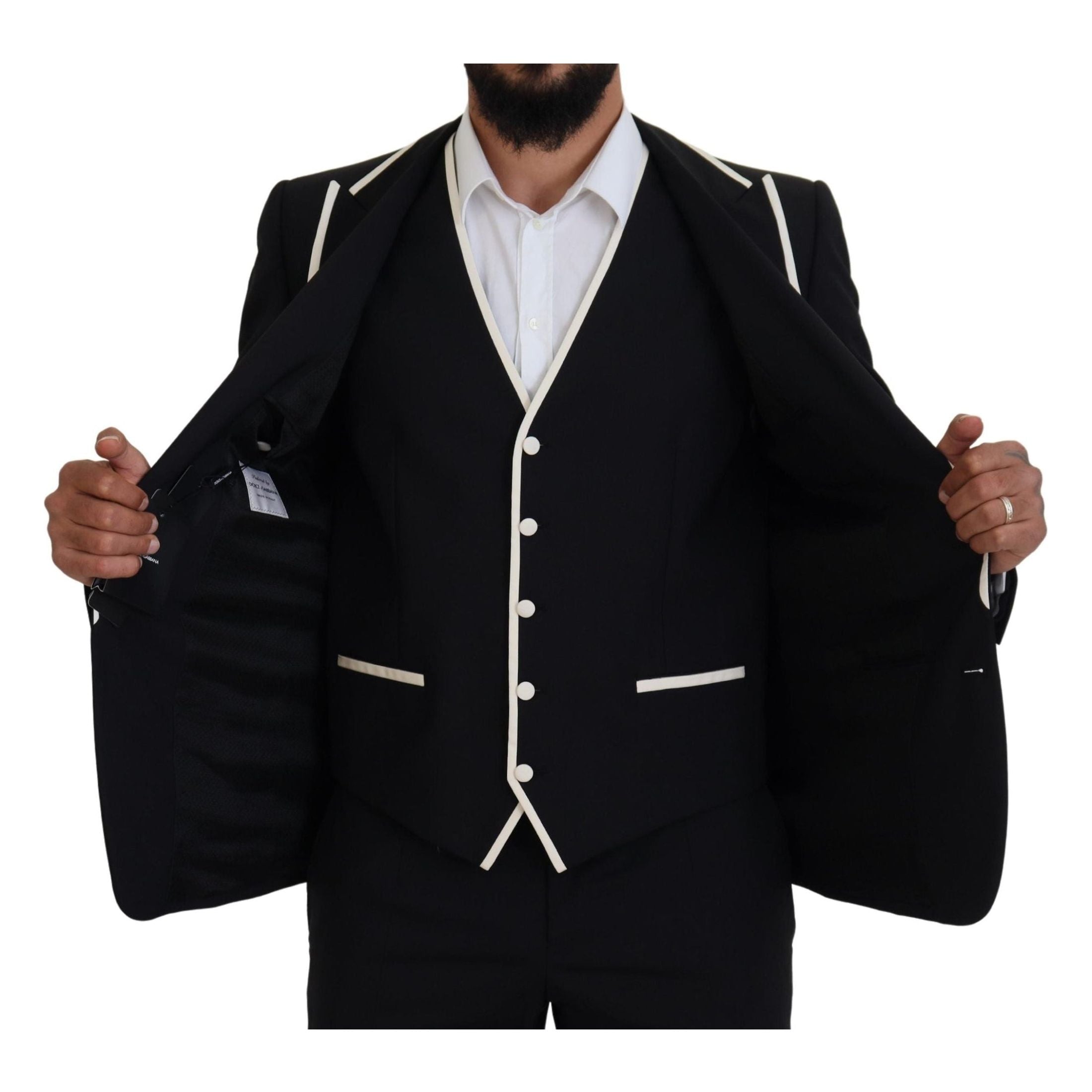 Elegant Black and White Slim Fit Three Piece Suit