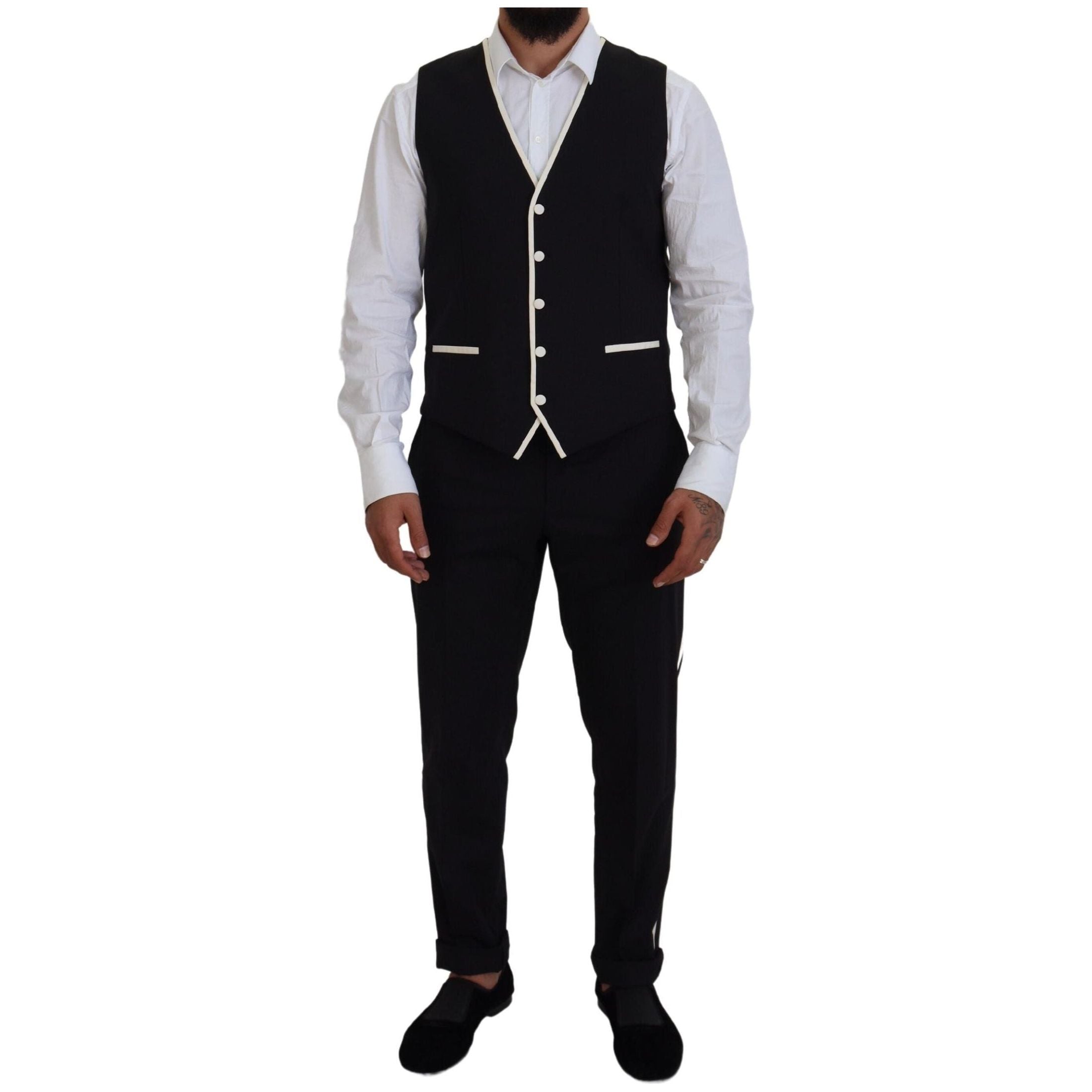 Elegant Black and White Slim Fit Three Piece Suit