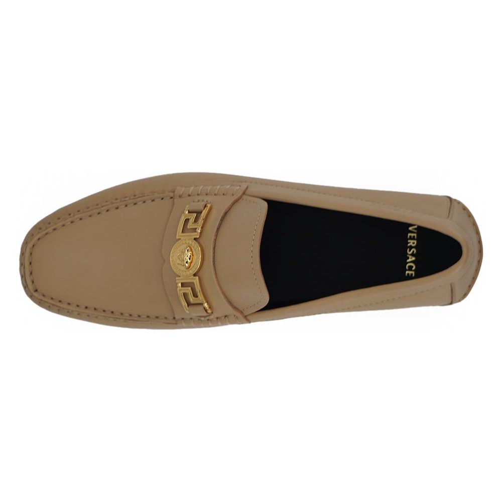 Exquisite Medusa Gold-Tone Leather Loafers