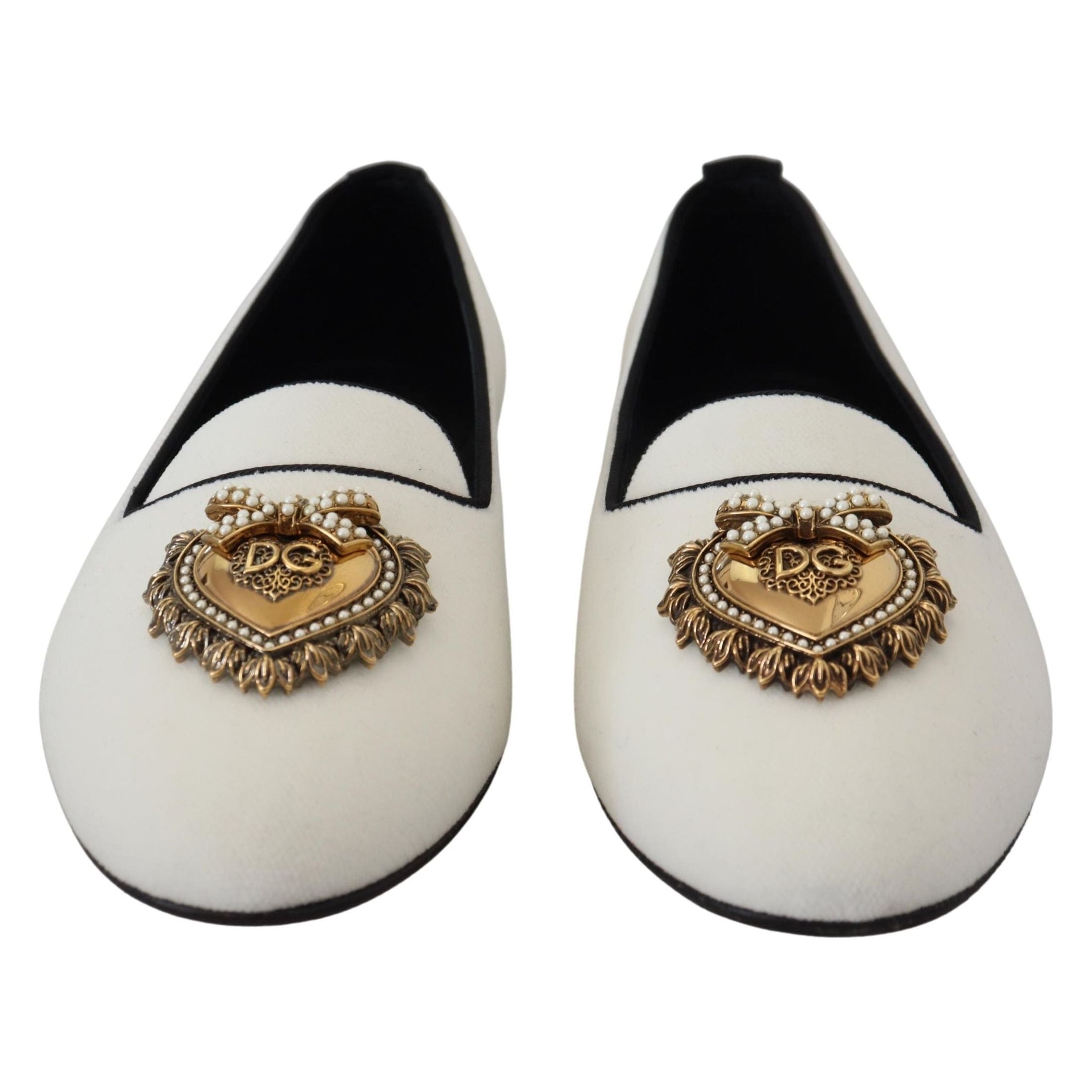 Elegant White Velvet Loafers with Gold Heart Detail