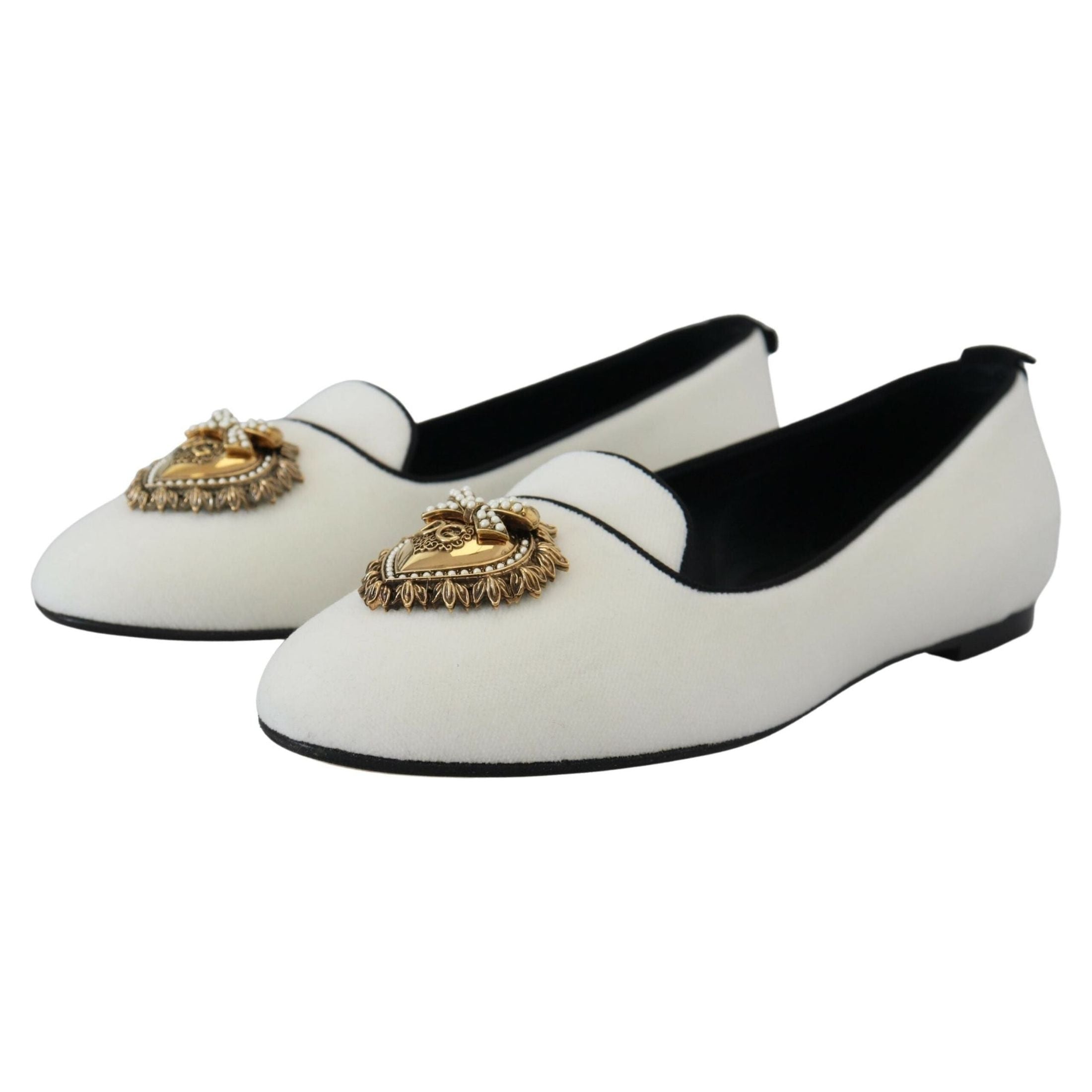 Elegant White Velvet Loafers with Gold Heart Detail