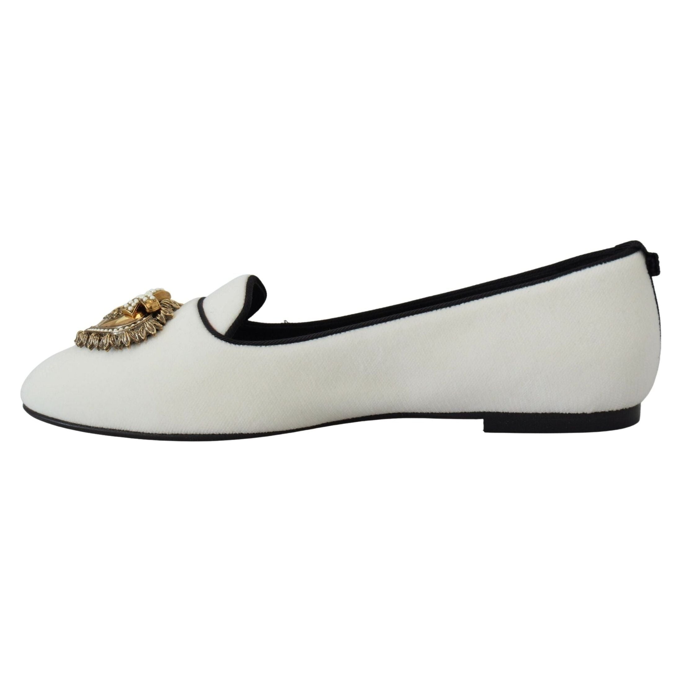 Elegant White Velvet Loafers with Gold Heart Detail