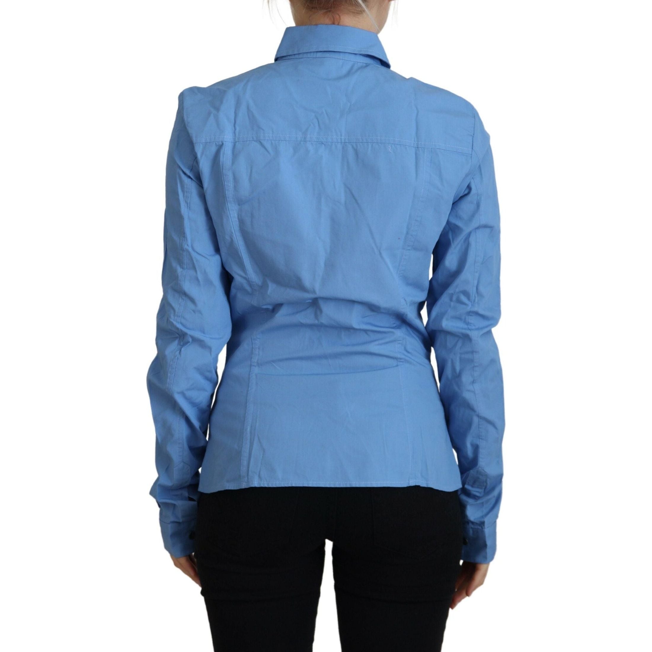 Elegant Blue Cotton Long Sleeve Polo Top