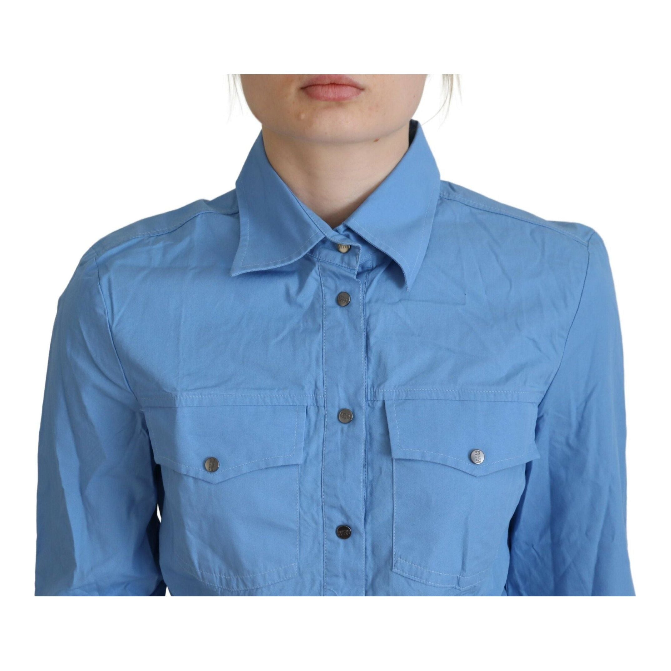 Elegant Blue Cotton Long Sleeve Polo Top