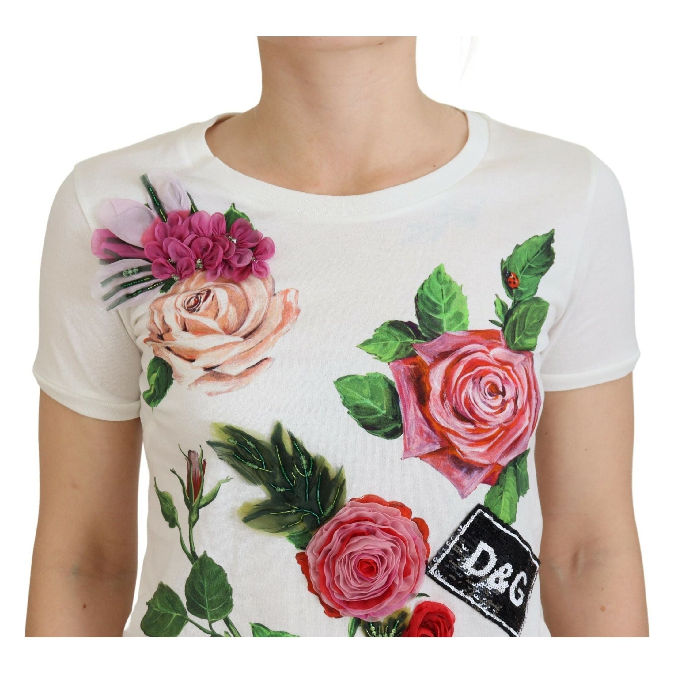 Elegant Multicolor Rose Print Cotton Tee