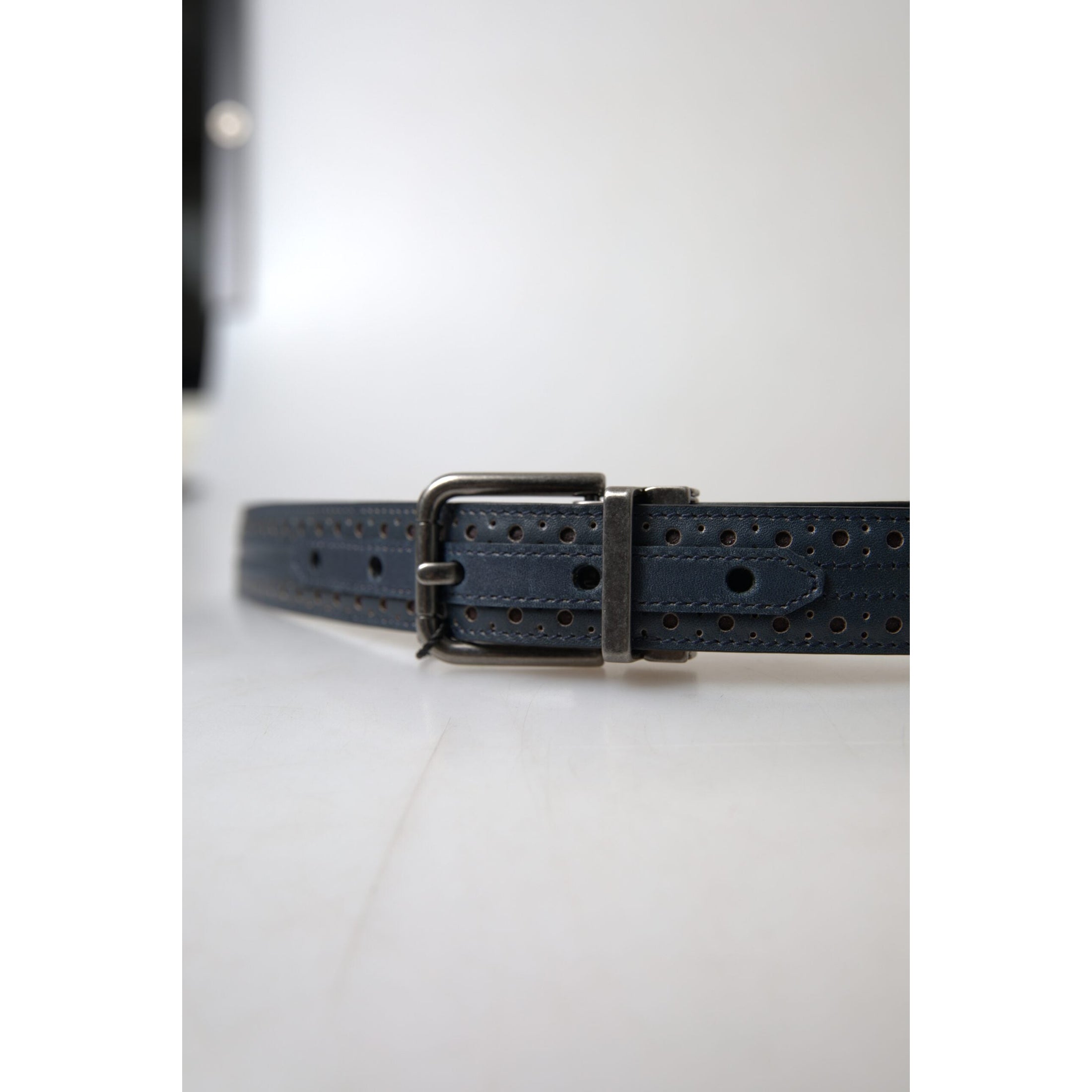 Elegant Blue Leather Belt with Metal Buckle