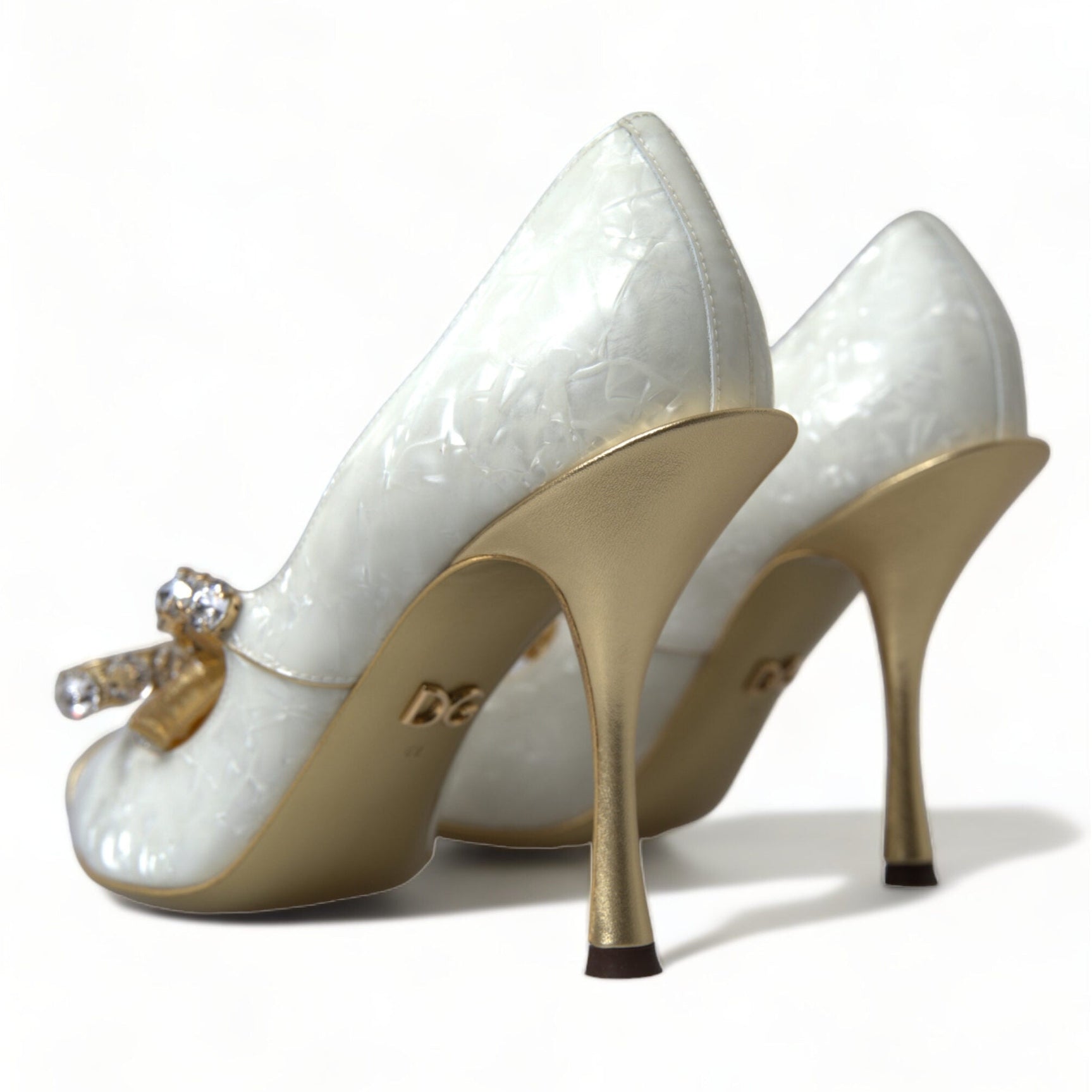 Elegant White Patent Crystal Bow Heels