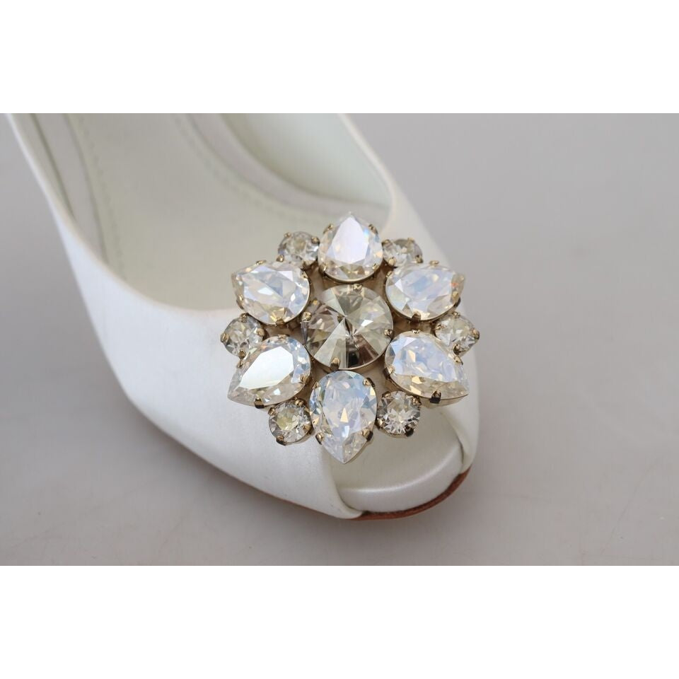 Crystal-Embellished White Peep Toe Heels