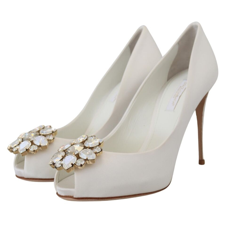 Crystal-Embellished White Peep Toe Heels