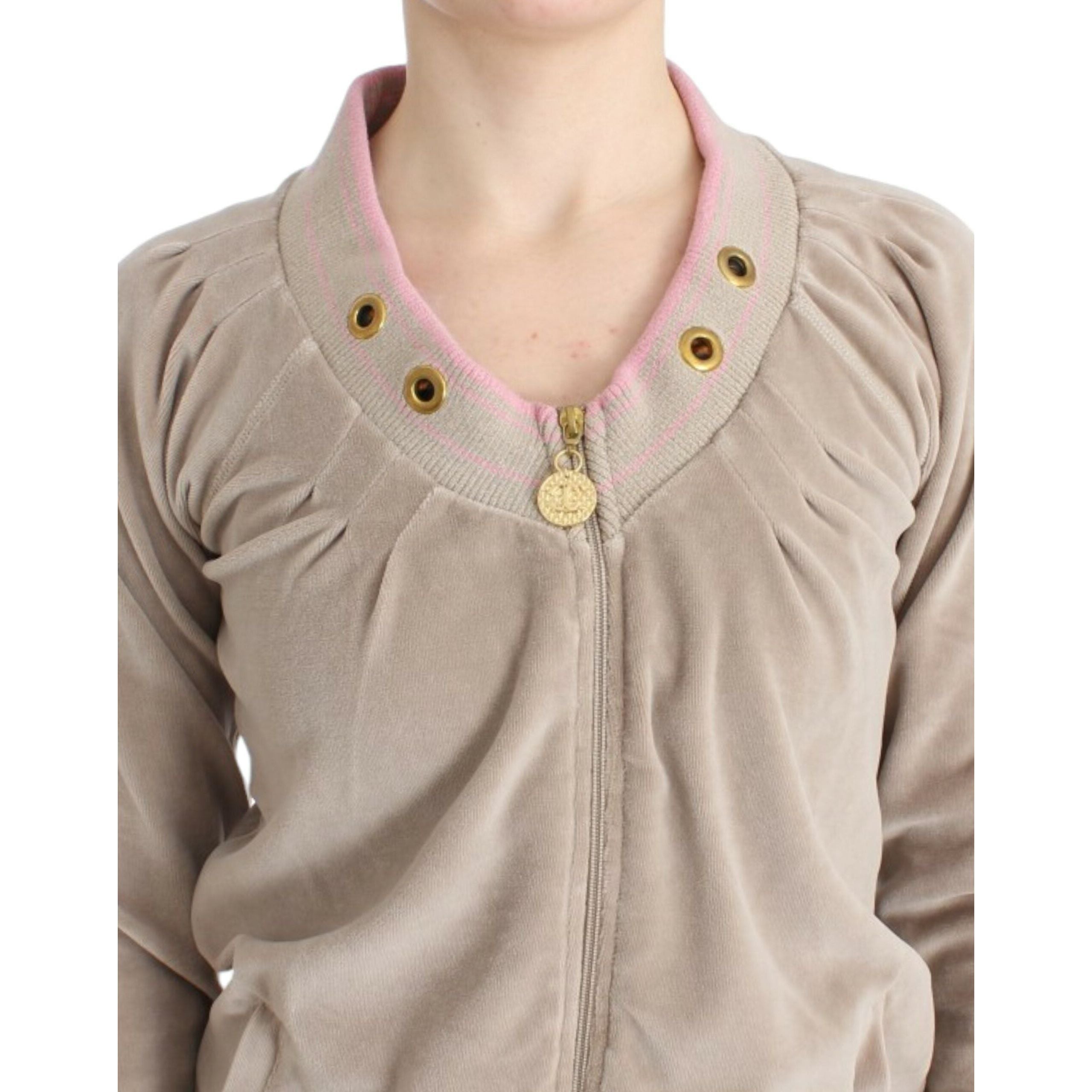 Beige Zip Cardigan with Gold Tone Accents