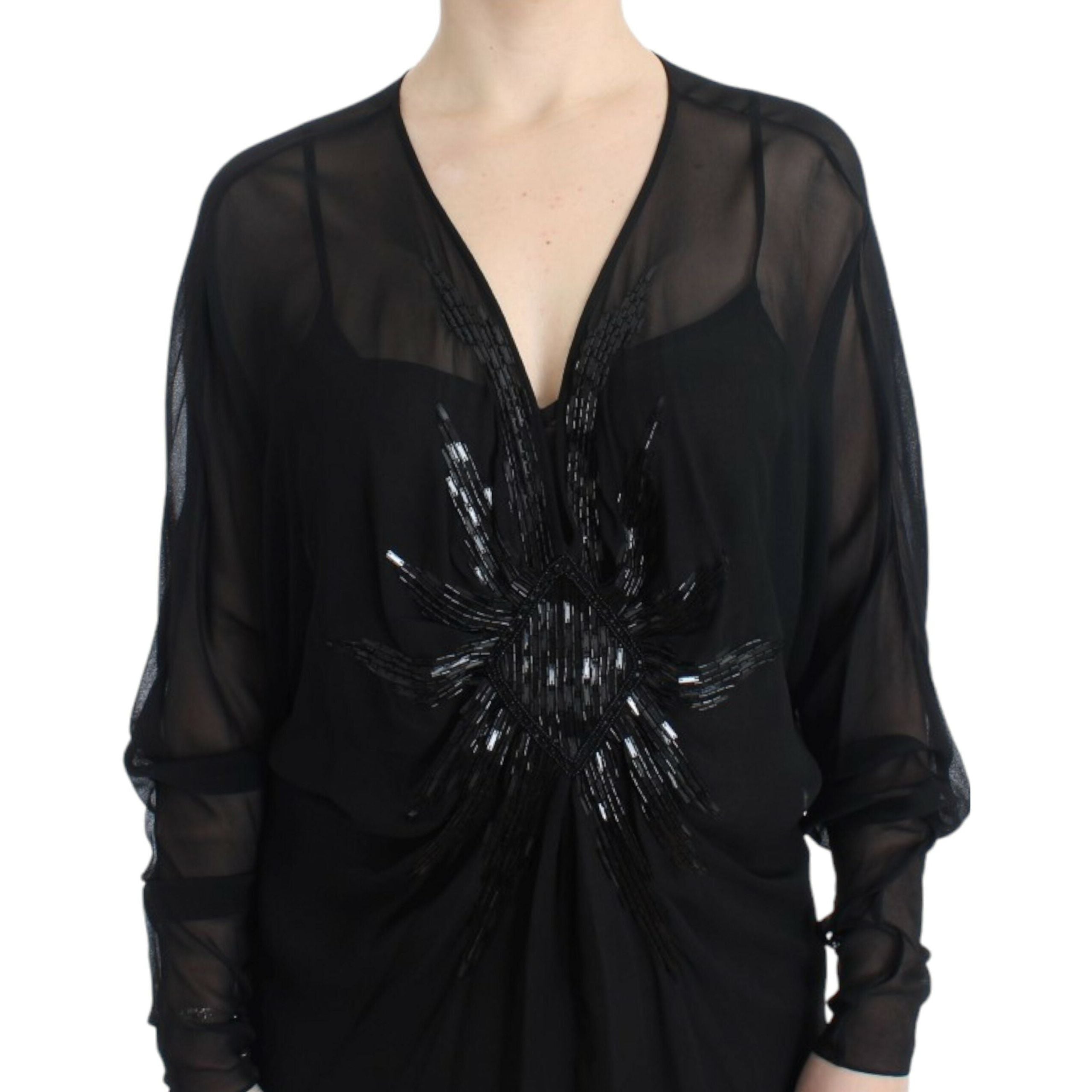 Elegant Sheer Black Silk Blouson Dress