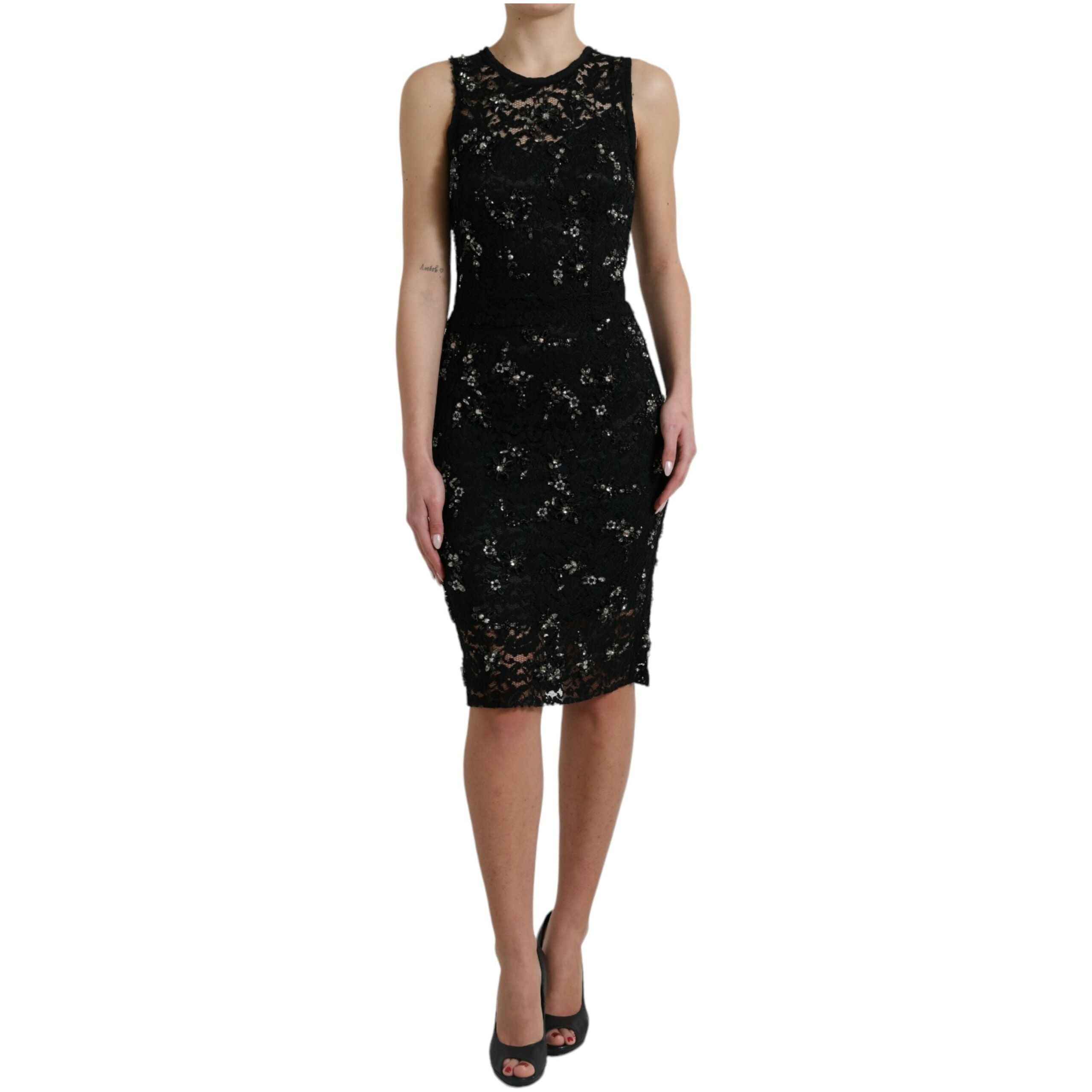 Exquisite Black Floral Lace Crystal Sheath Dress