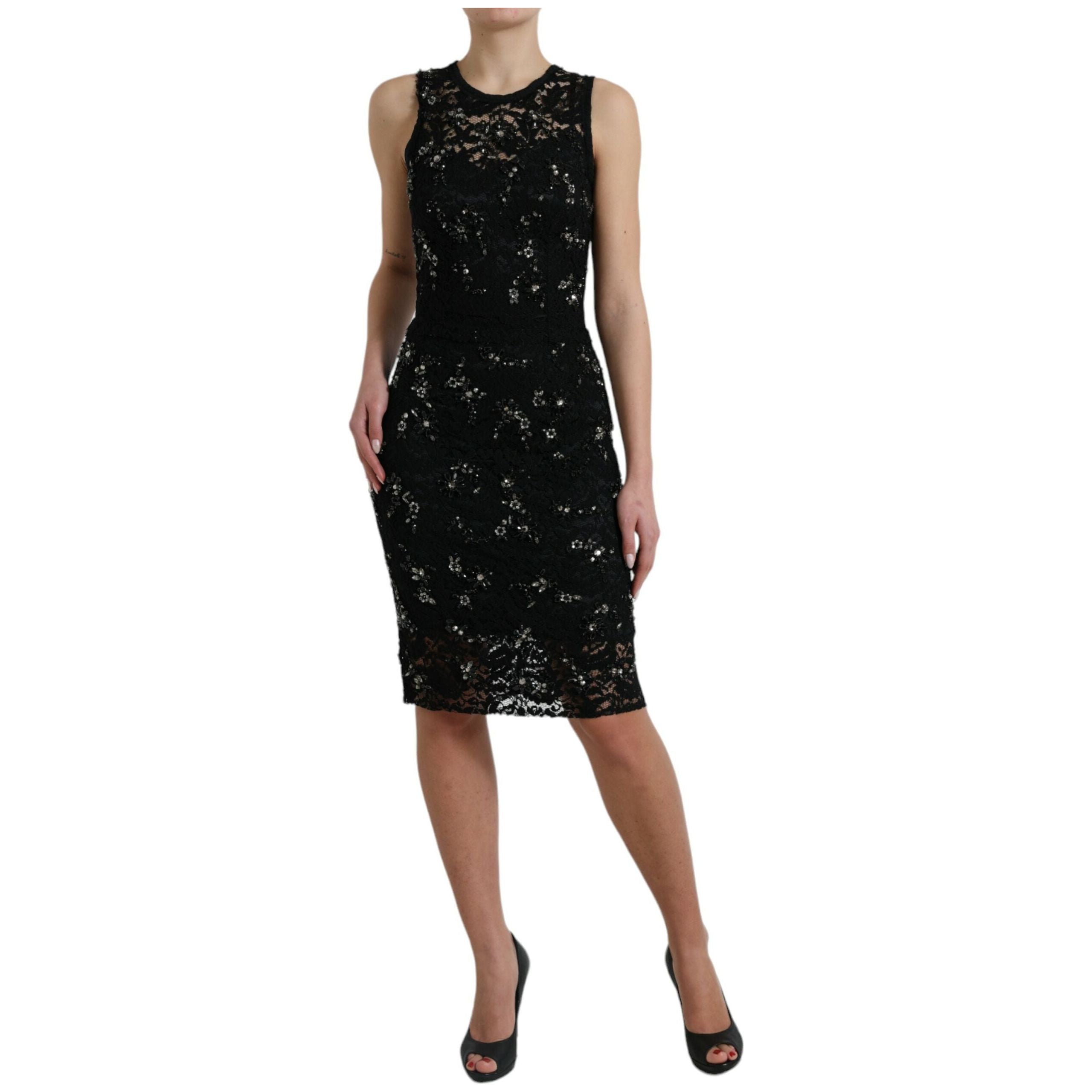 Exquisite Black Floral Lace Crystal Sheath Dress