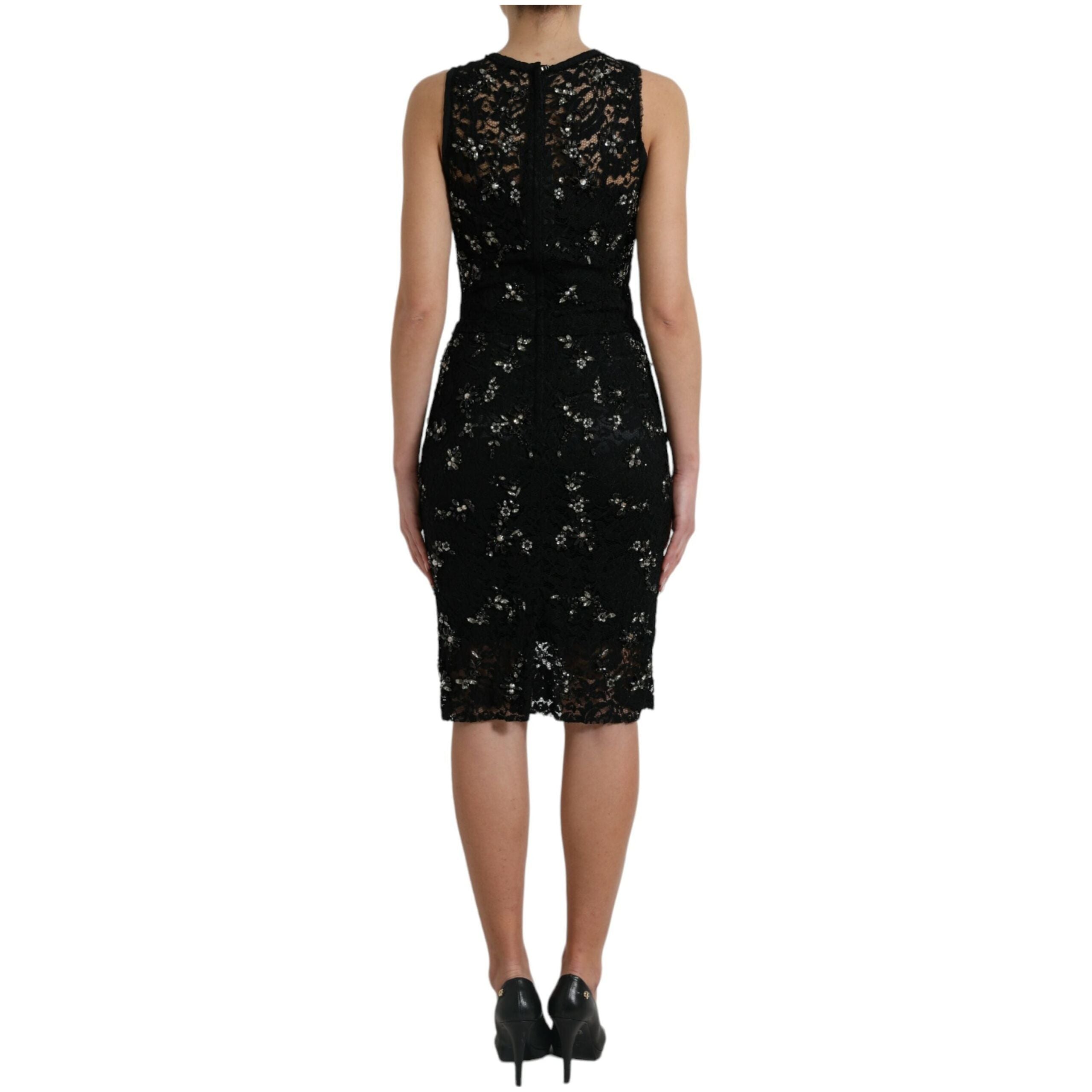 Exquisite Black Floral Lace Crystal Sheath Dress