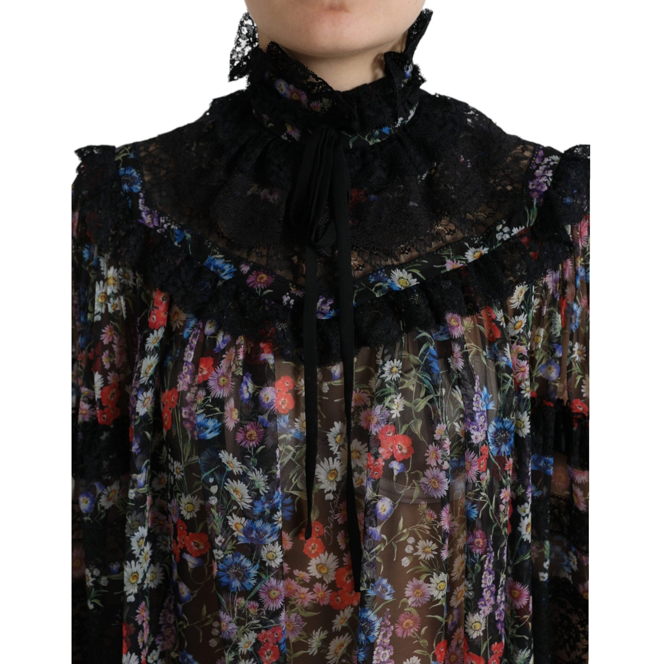 Elegant Floral Silk Blouse with Lace Trim