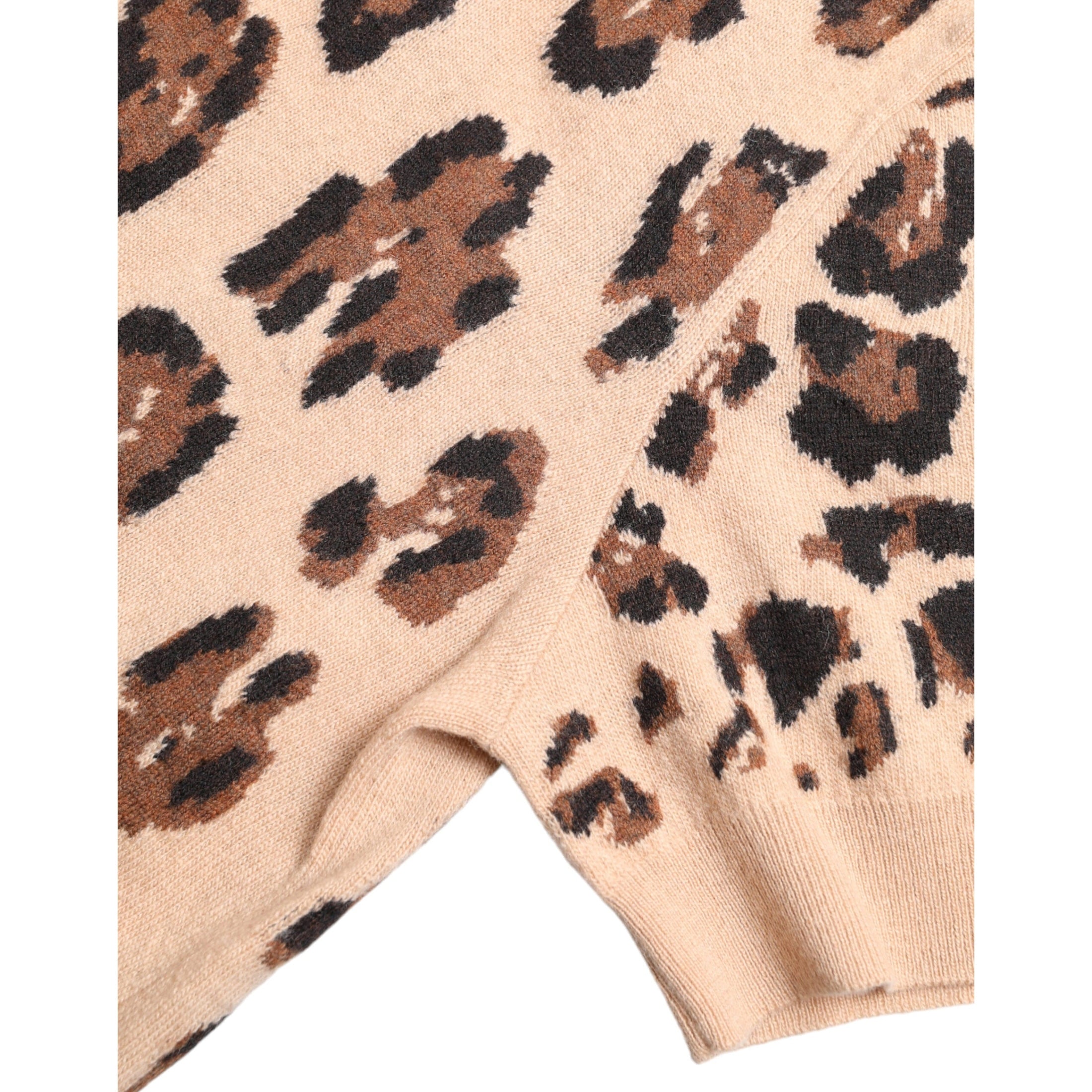 Elegant Beige Leopard Turtleneck Wool Top