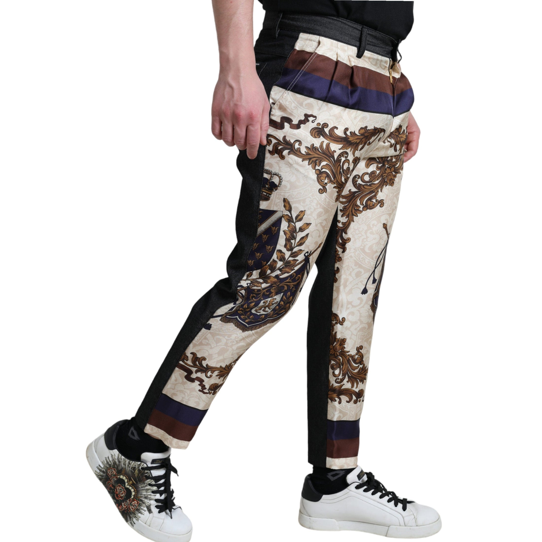 Elegant Silk Skinny Pants with Heraldic Print