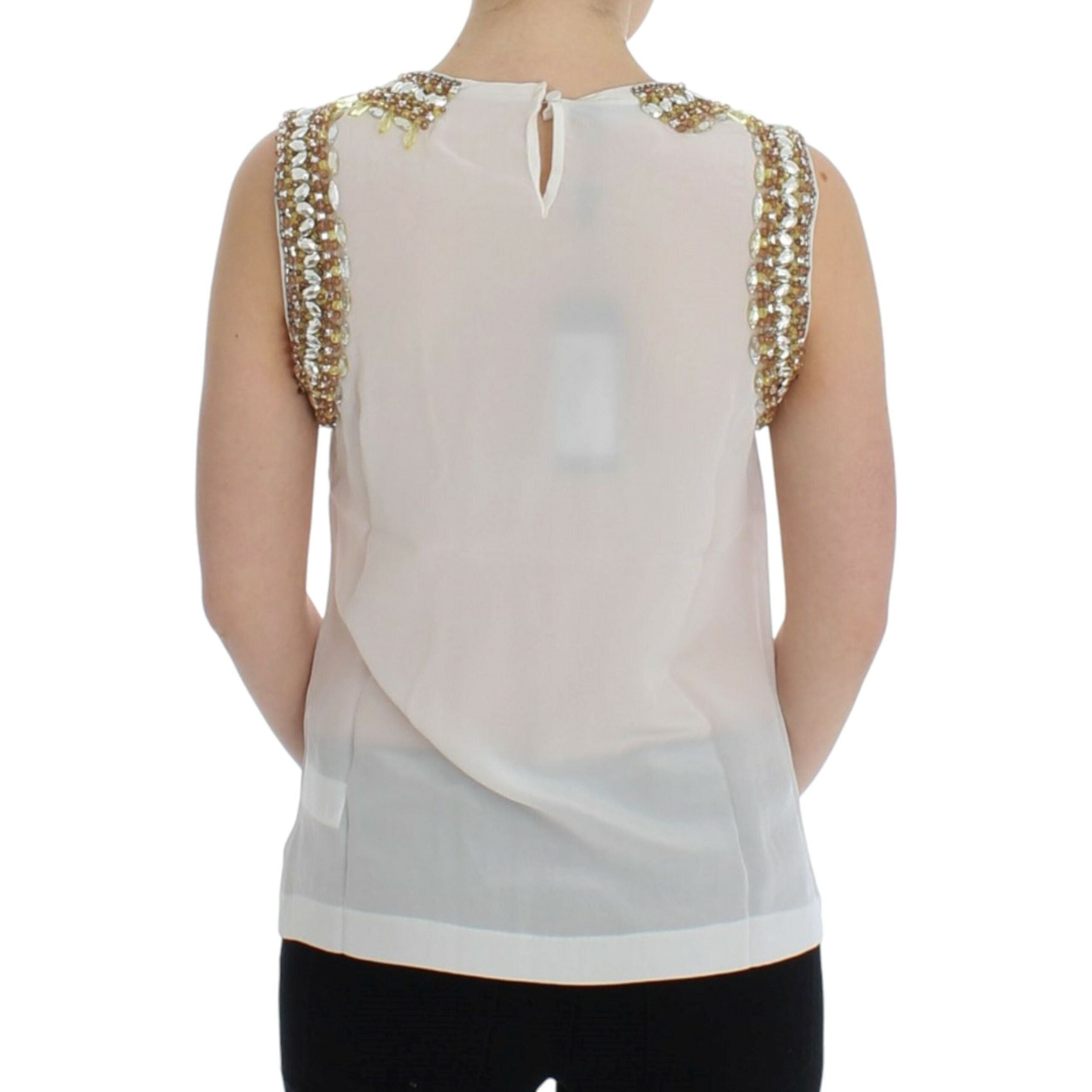 Elegant Sleeveless Silk Blouse with Crystal Embellishment