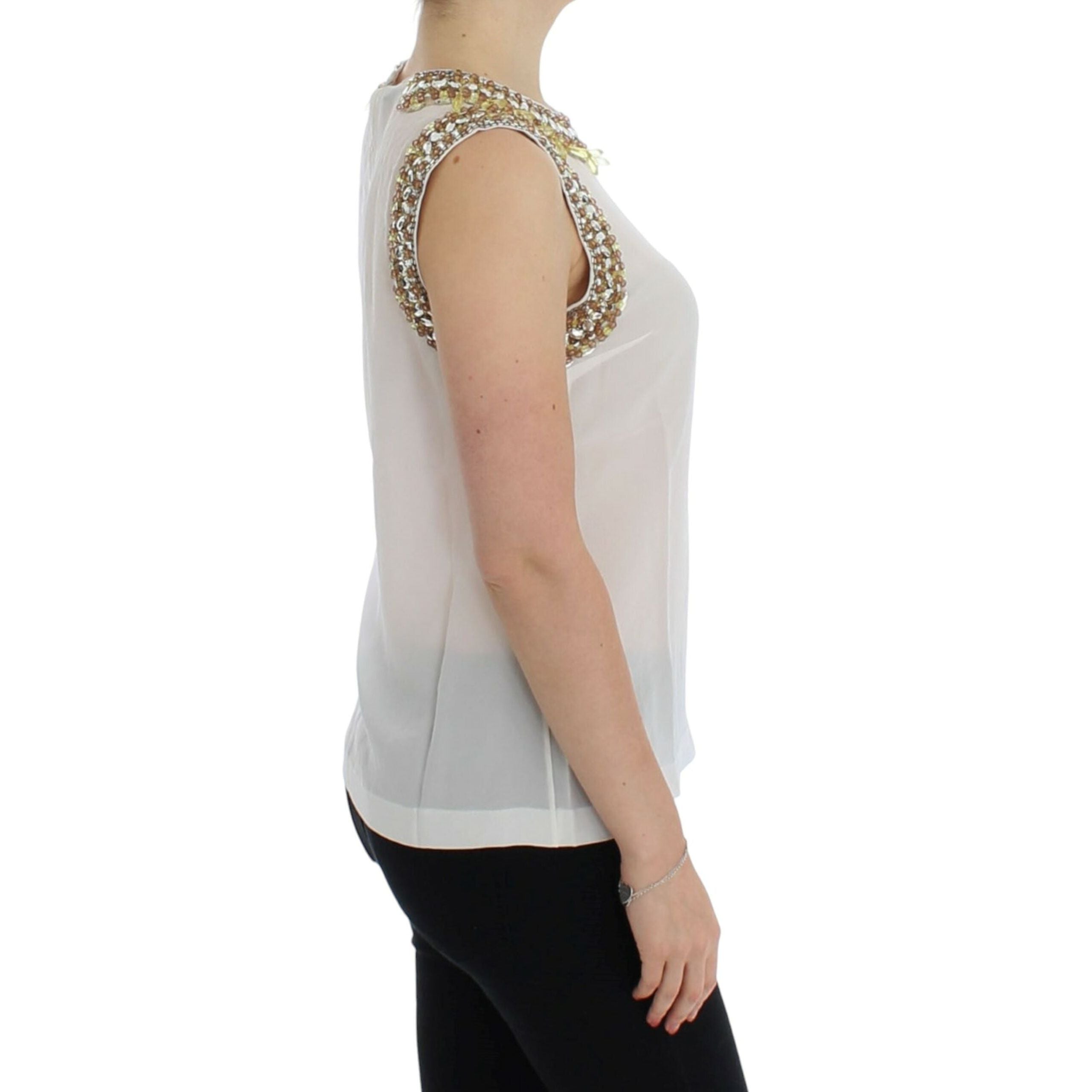 Elegant Sleeveless Silk Blouse with Crystal Embellishment