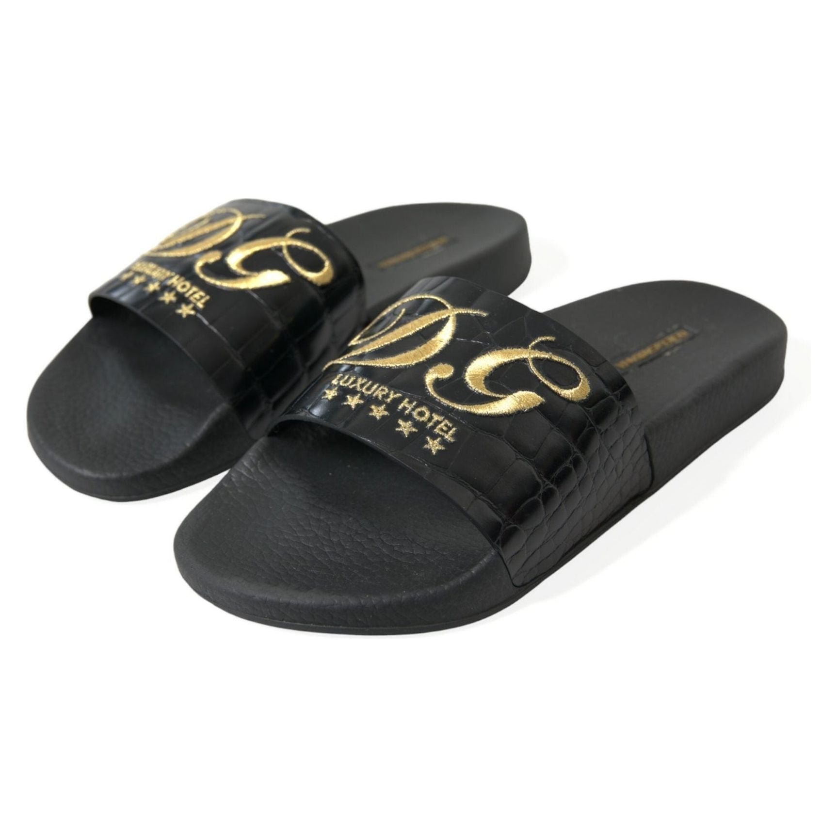 Elegant Black and Gold Leather Slides