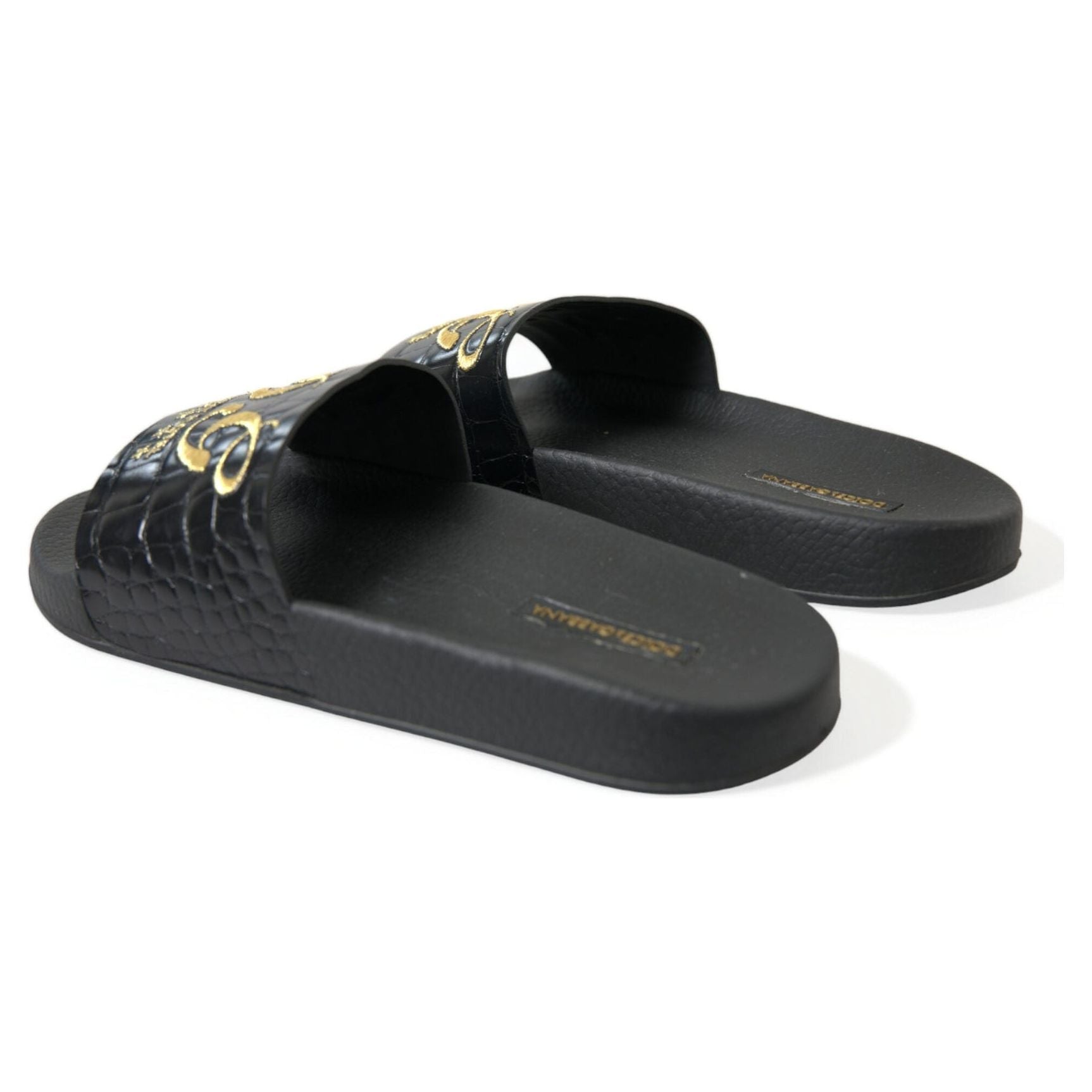 Elegant Black and Gold Leather Slides