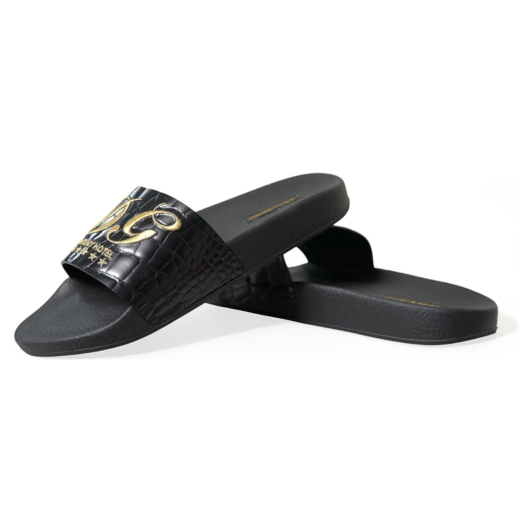 Elegant Black and Gold Leather Slides