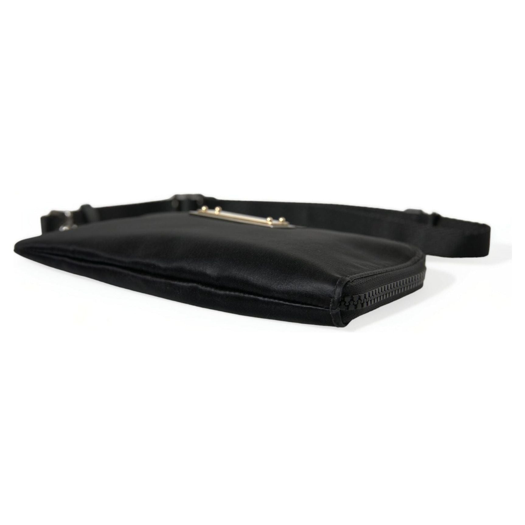 Elegant Black Nylon Leather Pouch with Silver Details