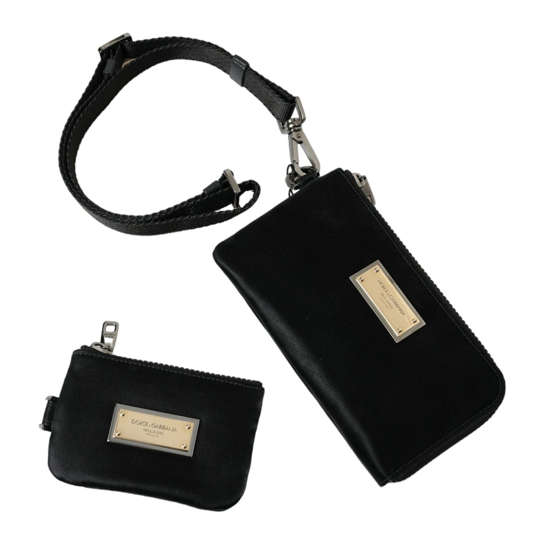 Elegant Black Nylon Leather Pouch with Silver Details