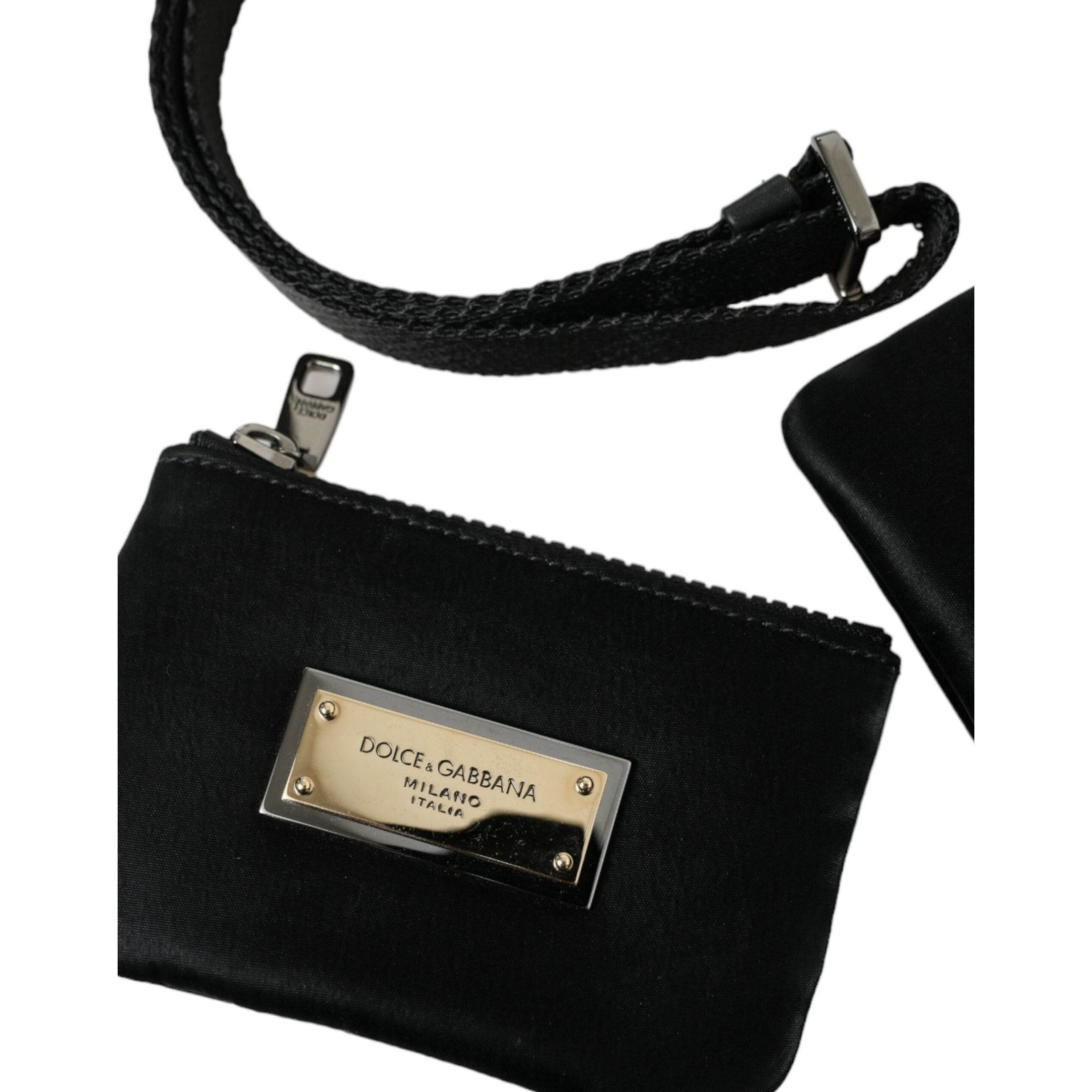 Elegant Black Nylon Leather Pouch with Silver Details