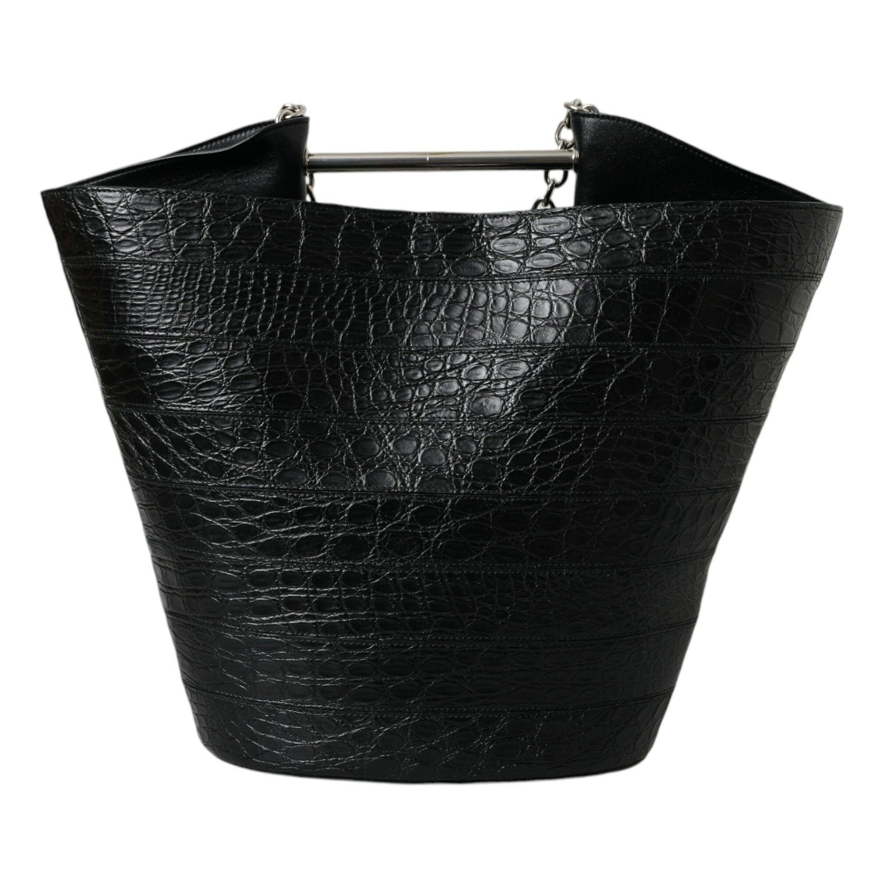 Elegant Black Crocodile Leather Maxi Bucket Bag