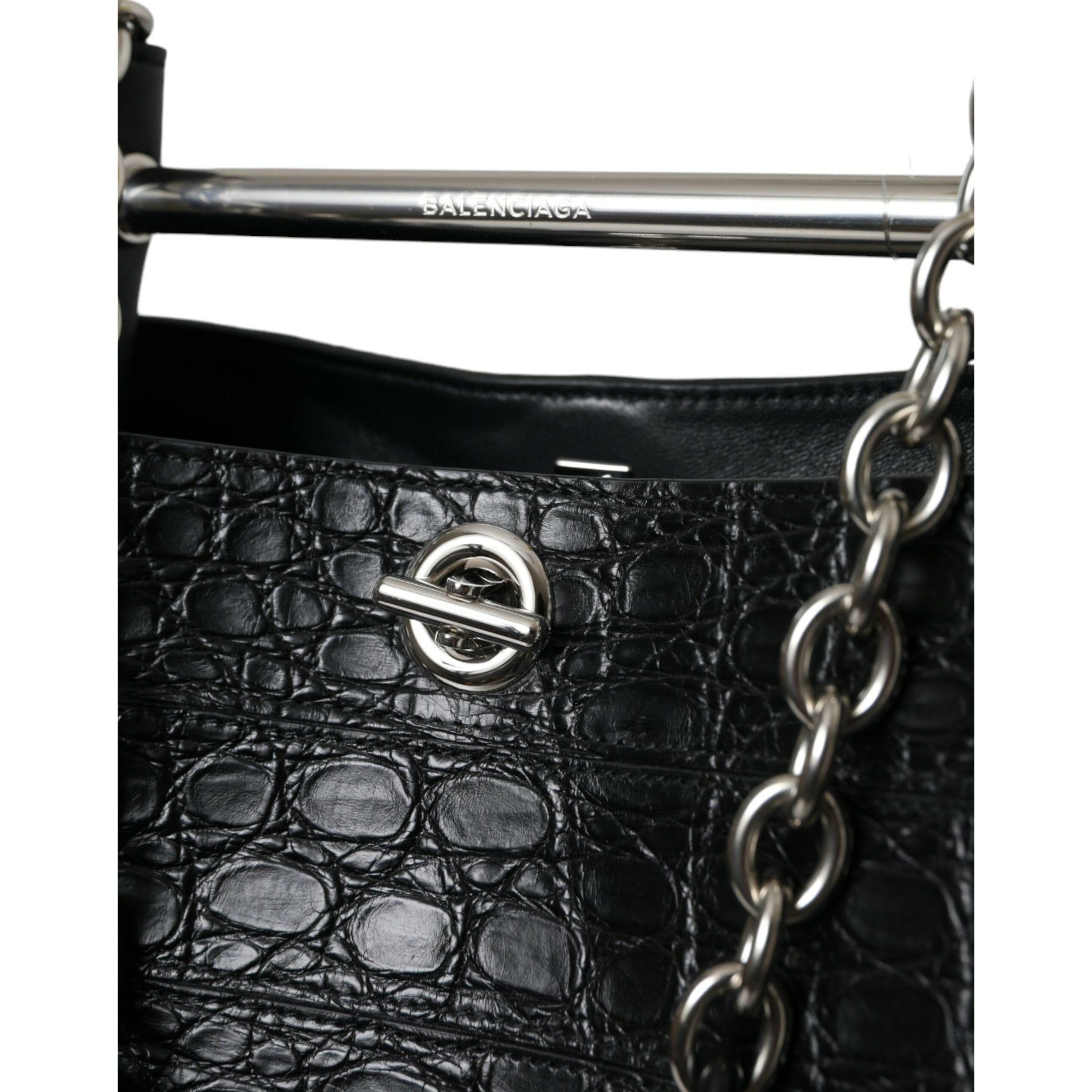 Elegant Black Crocodile Leather Maxi Bucket Bag