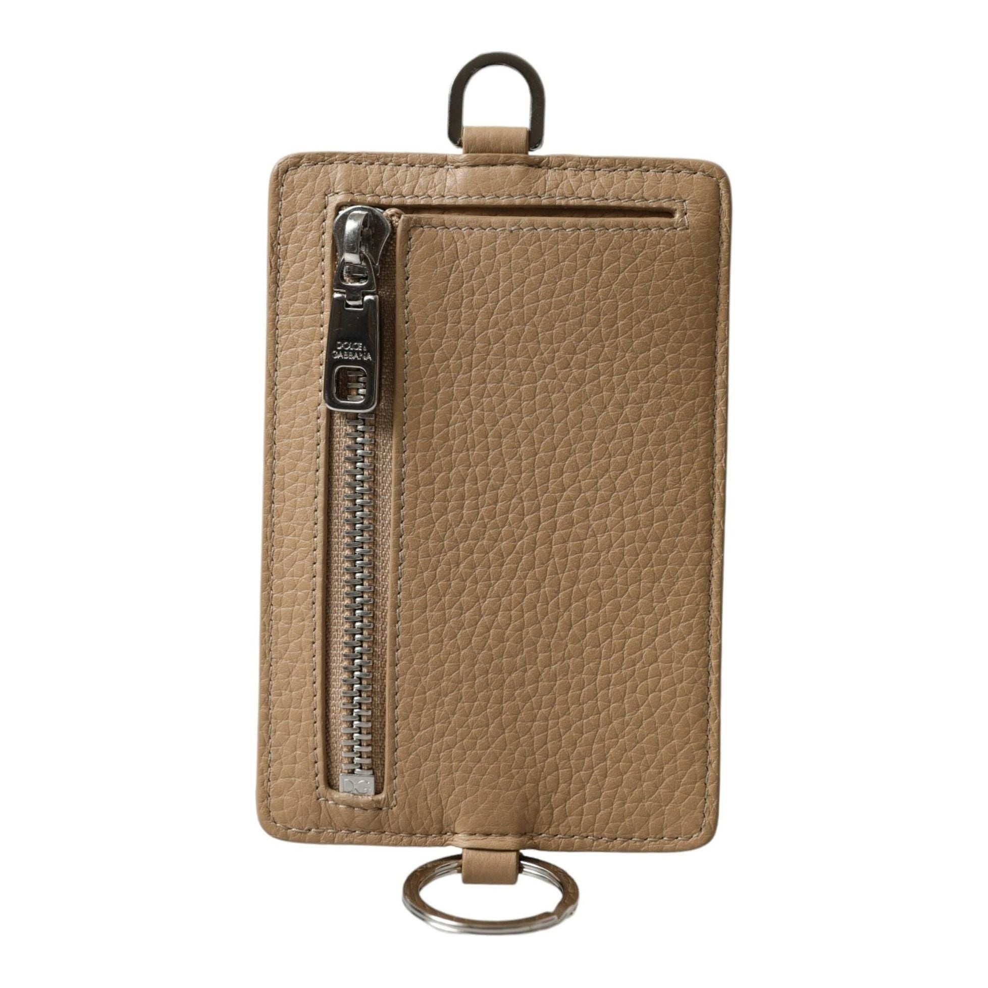 Beige Calf Leather Lanyard Logo Card Holder Wallet