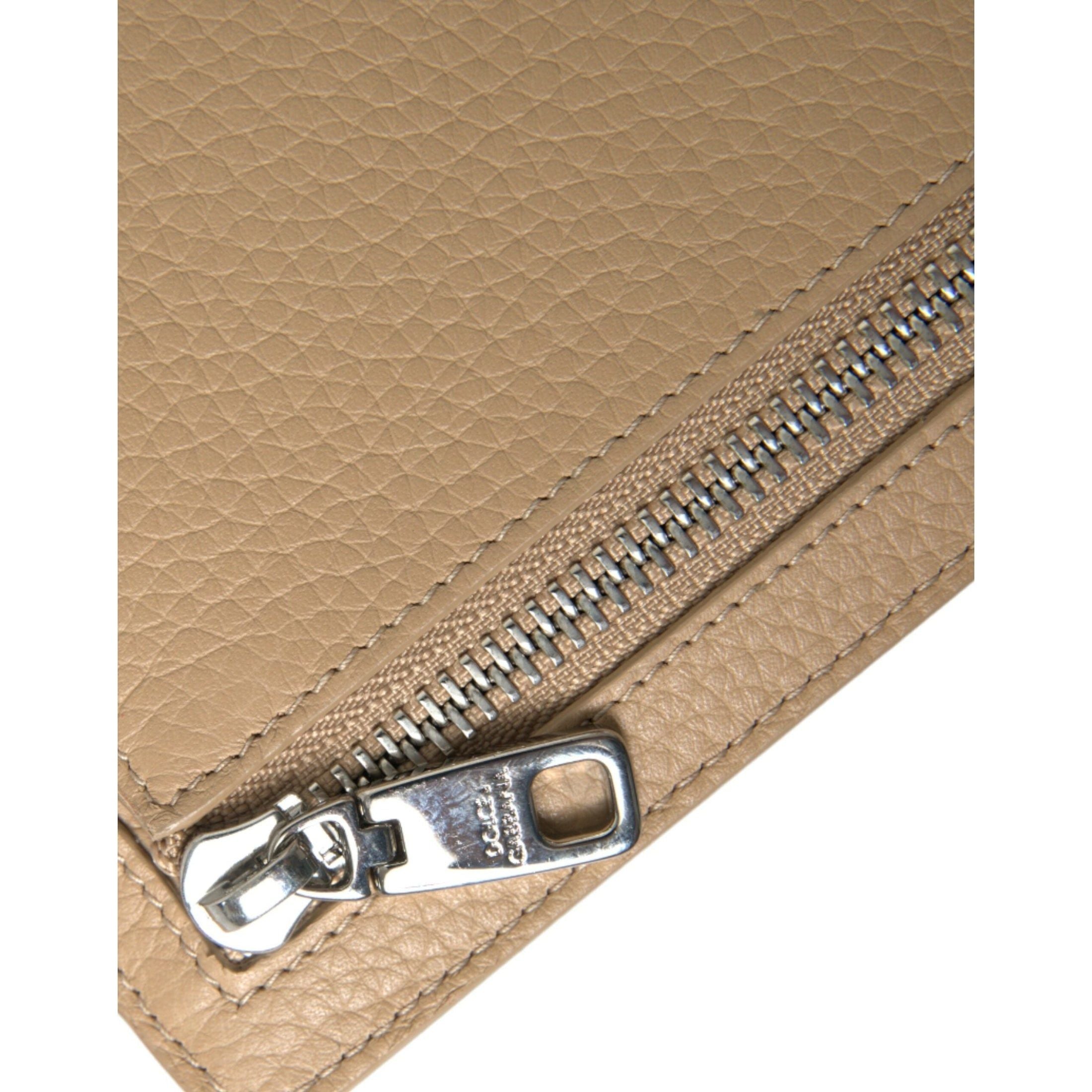 Beige Calf Leather Lanyard Logo Card Holder Wallet