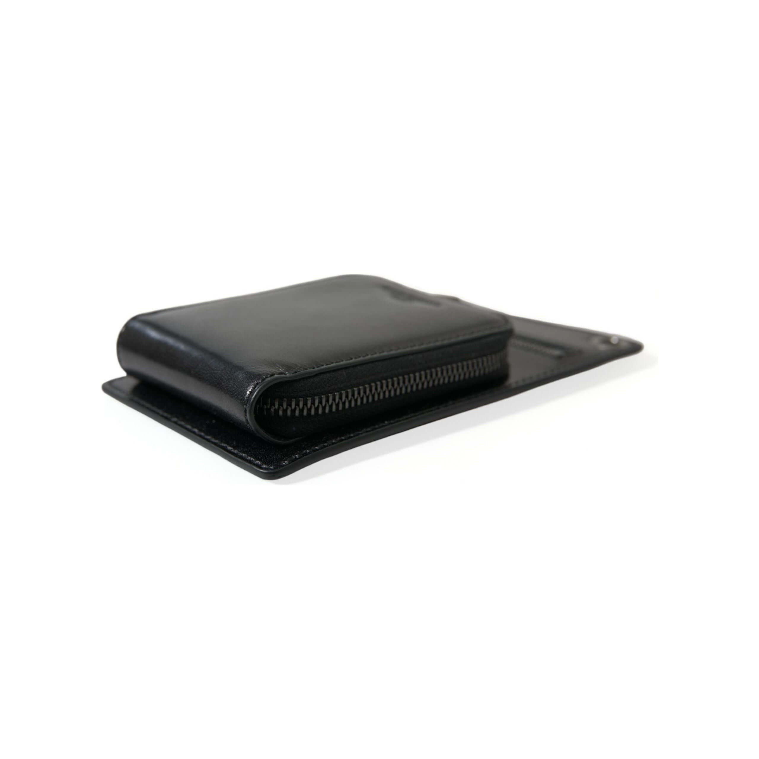 Black Calf Leather Zip Logo Shoulder Neck Strap Wallet