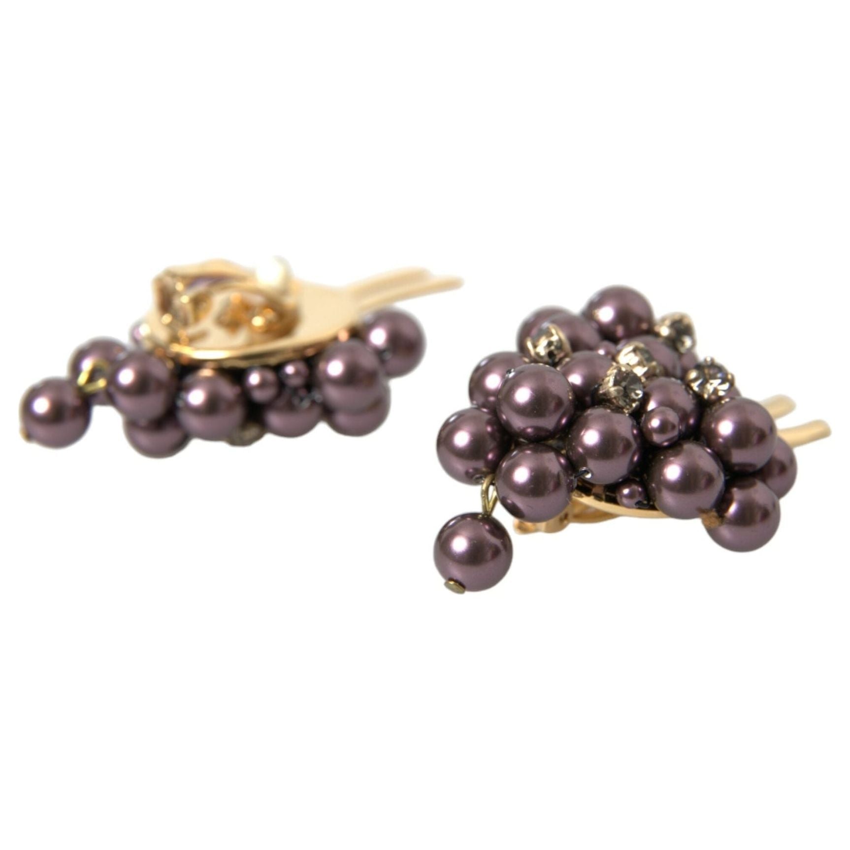 Purple Grape Pearl Sicily Gold Brass Floral Clip On Earrings